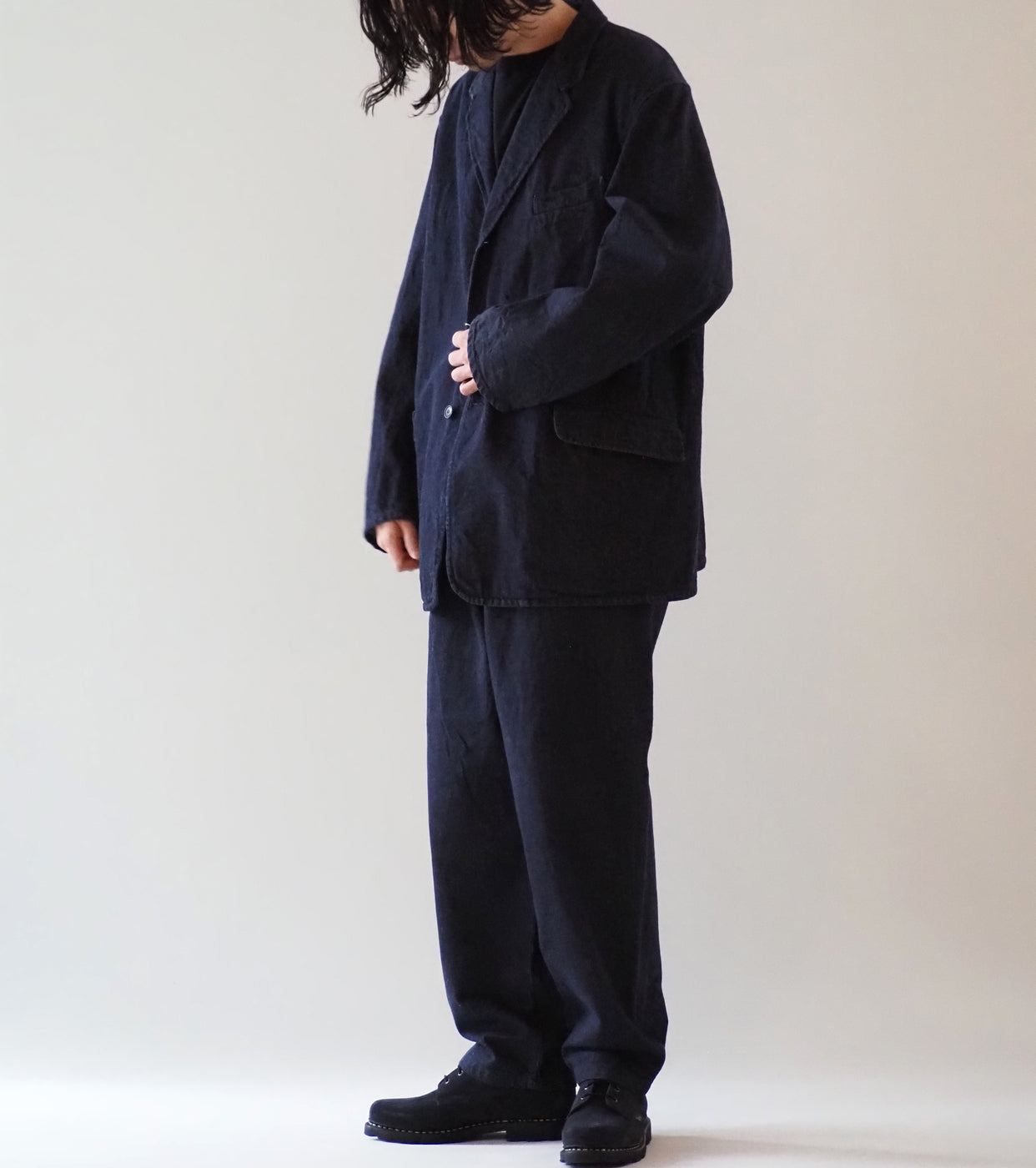 COMOLI Navy Denim Tapered Pants, Navy