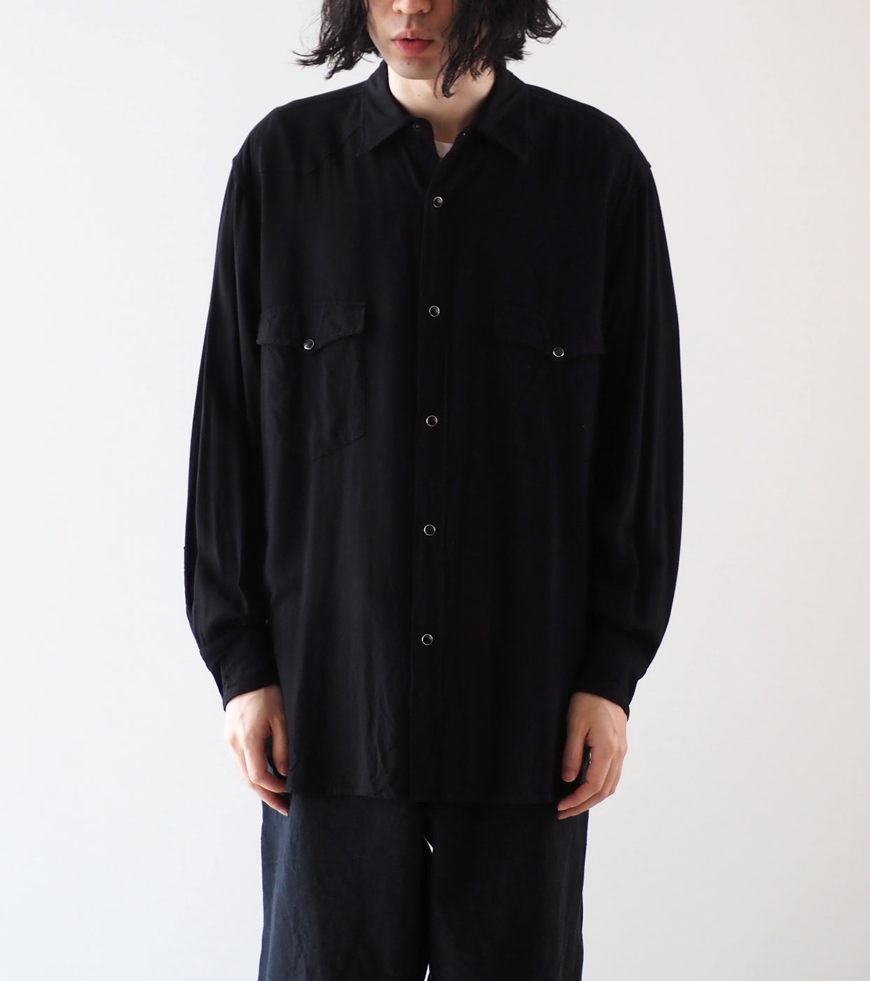 COMOLI Rayon Western Shirt, Black