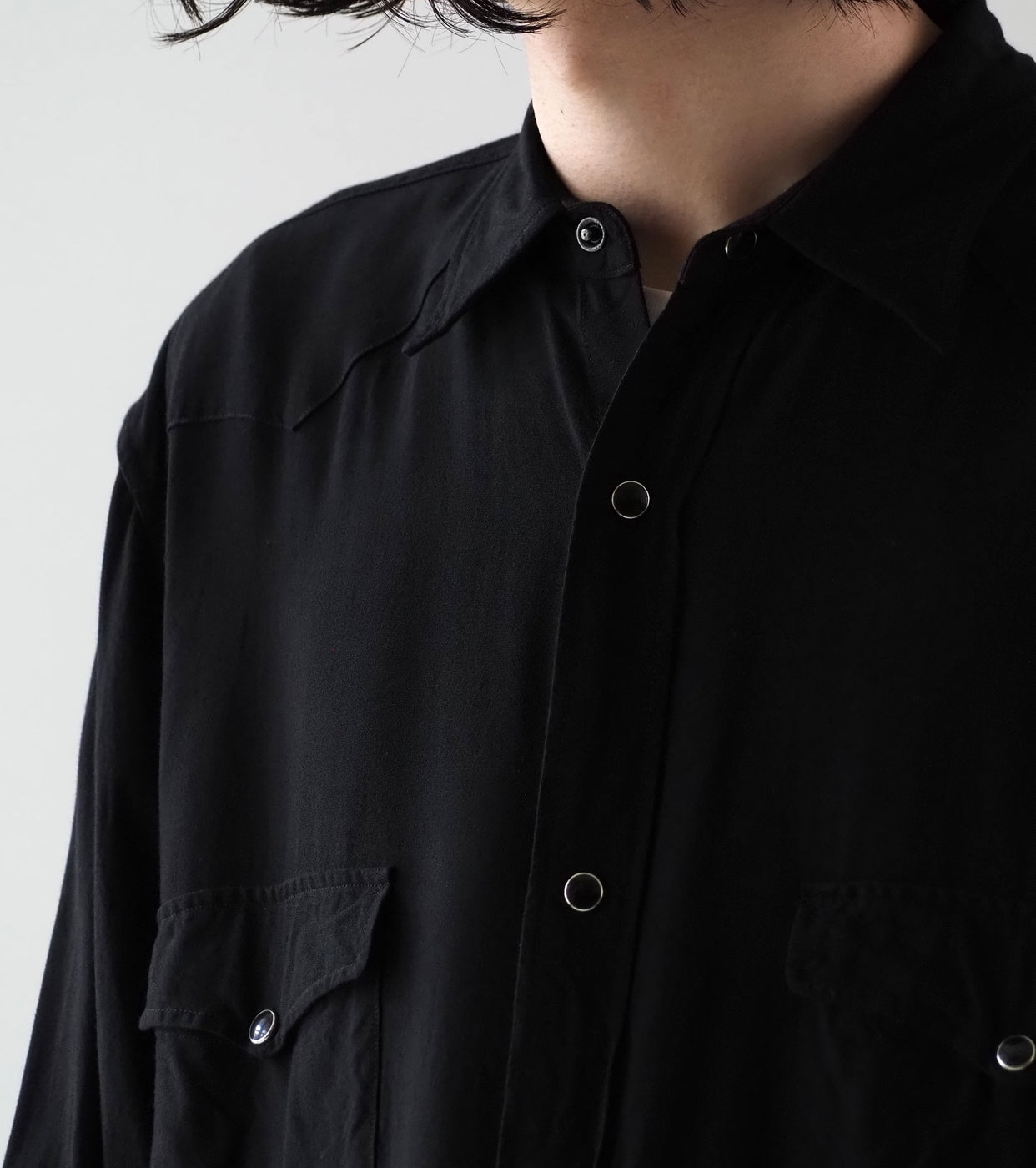 COMOLI Rayon Western Shirt, Black