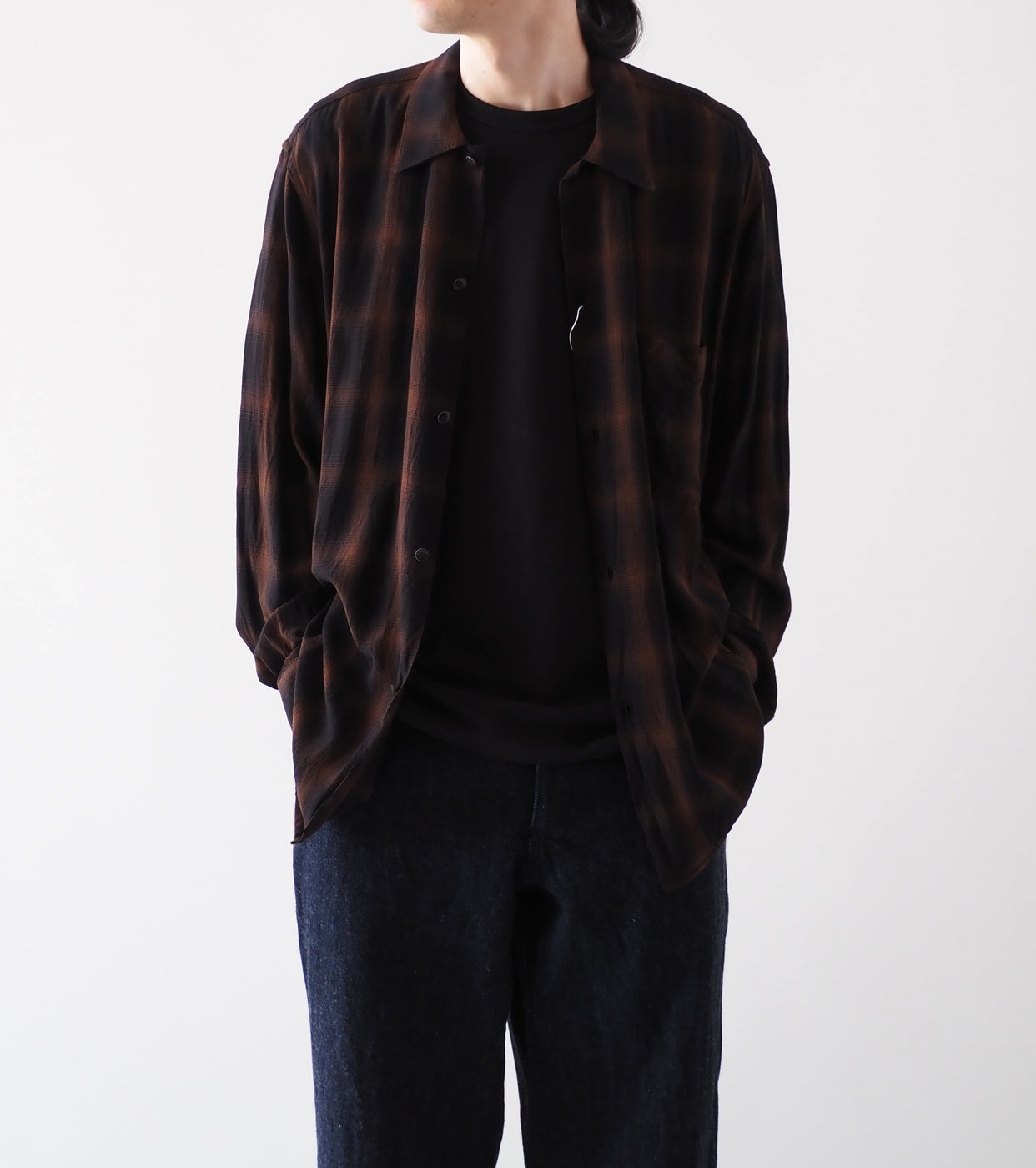 COMOLI Rayon Open Collar Shirt , Check