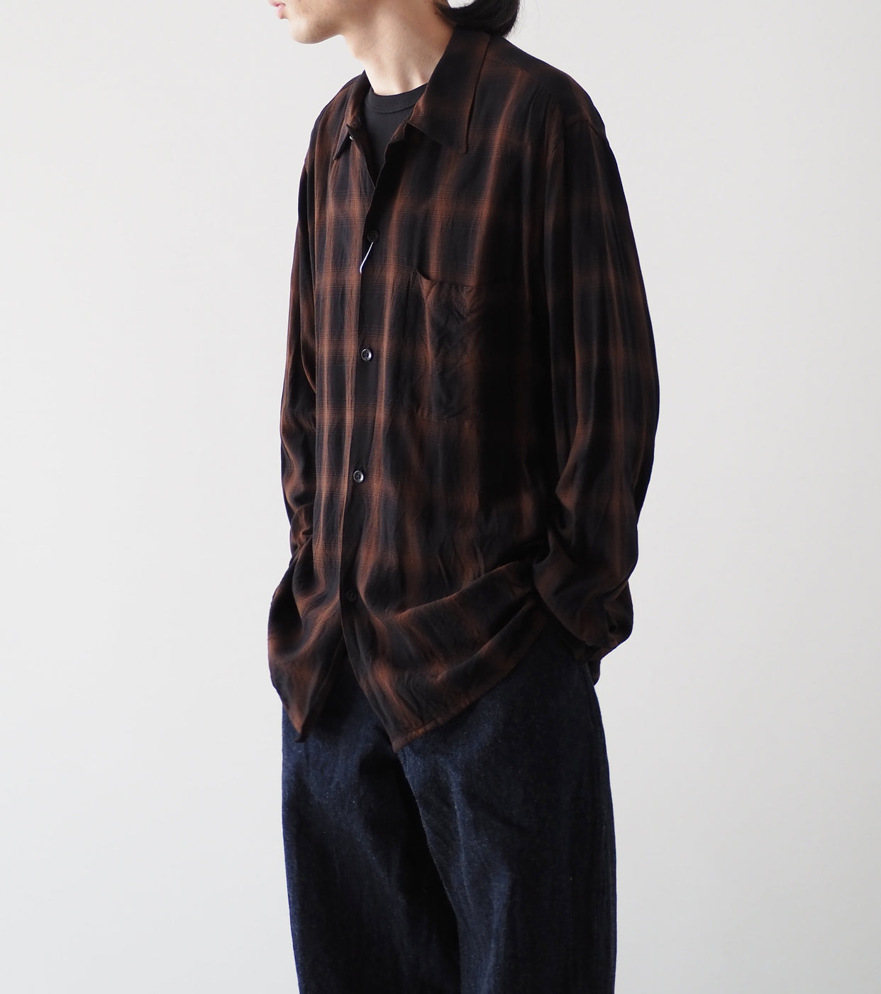 COMOLI Rayon Open Collar Shirt , Check
