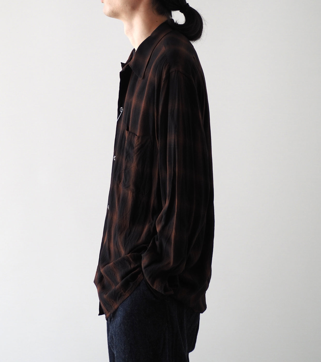 COMOLI Rayon Open Collar Shirt , Check