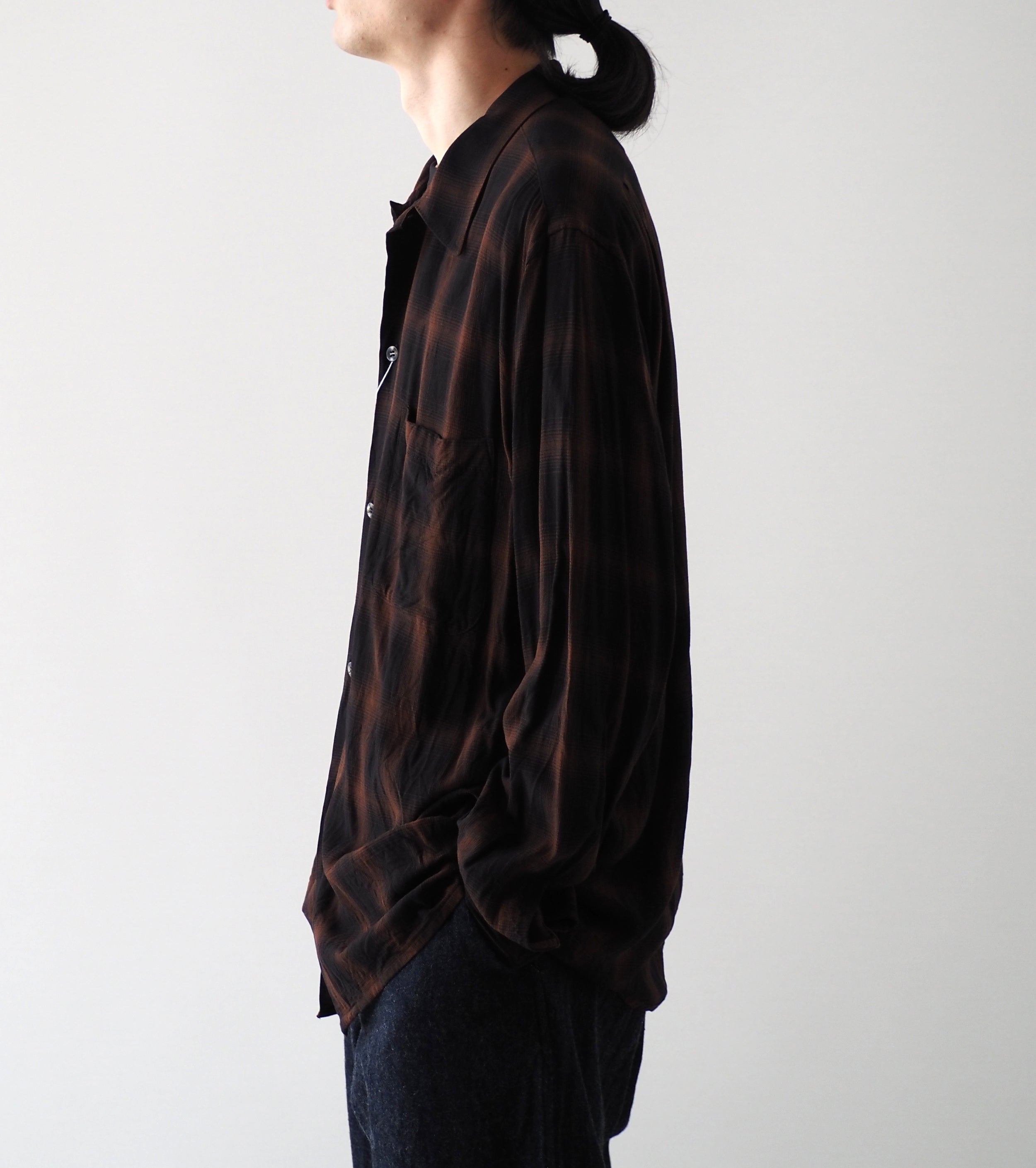 COMOLI Rayon Open  Collar Shirt , Check