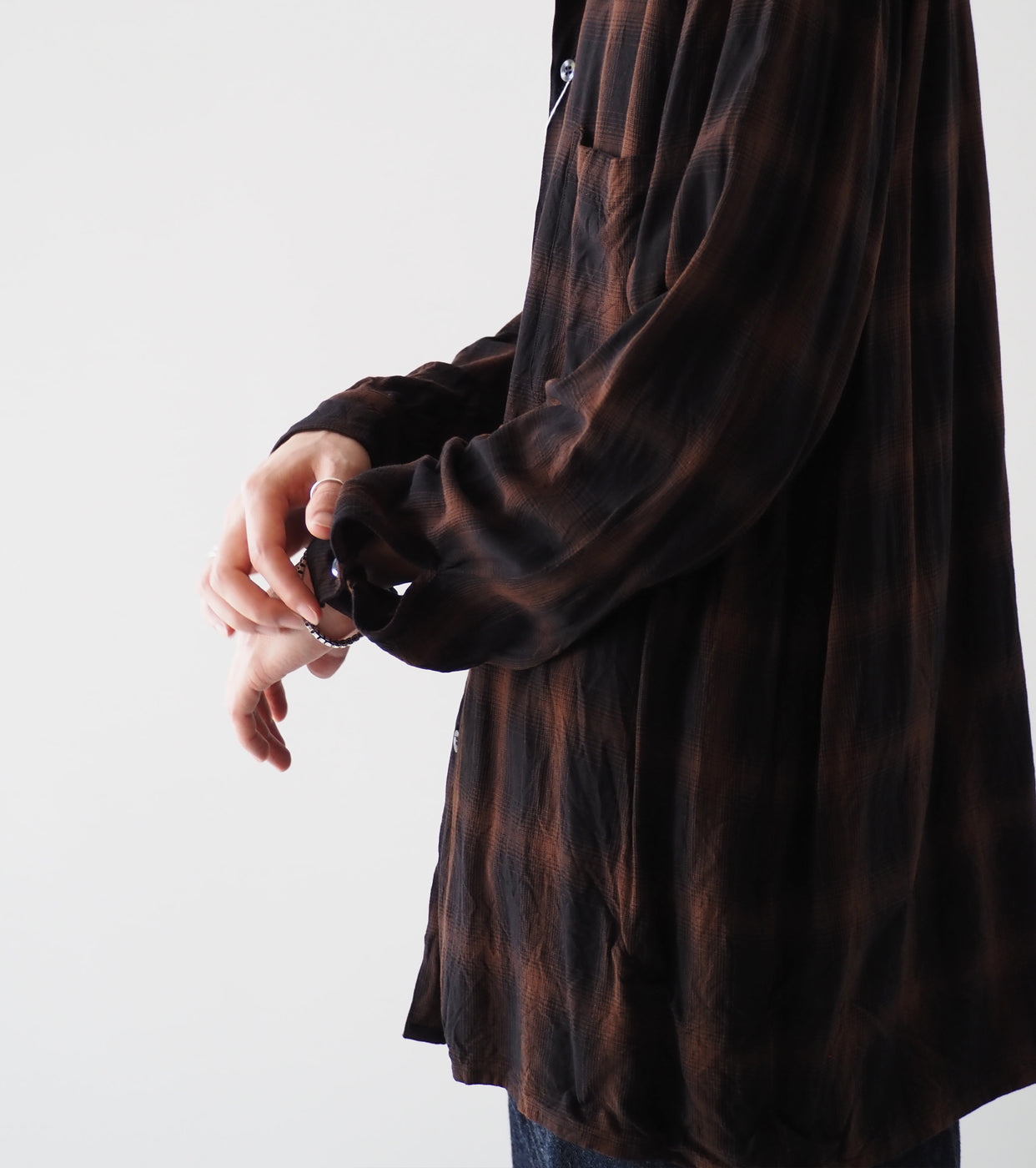 COMOLI Rayon Open Collar Shirt , Check