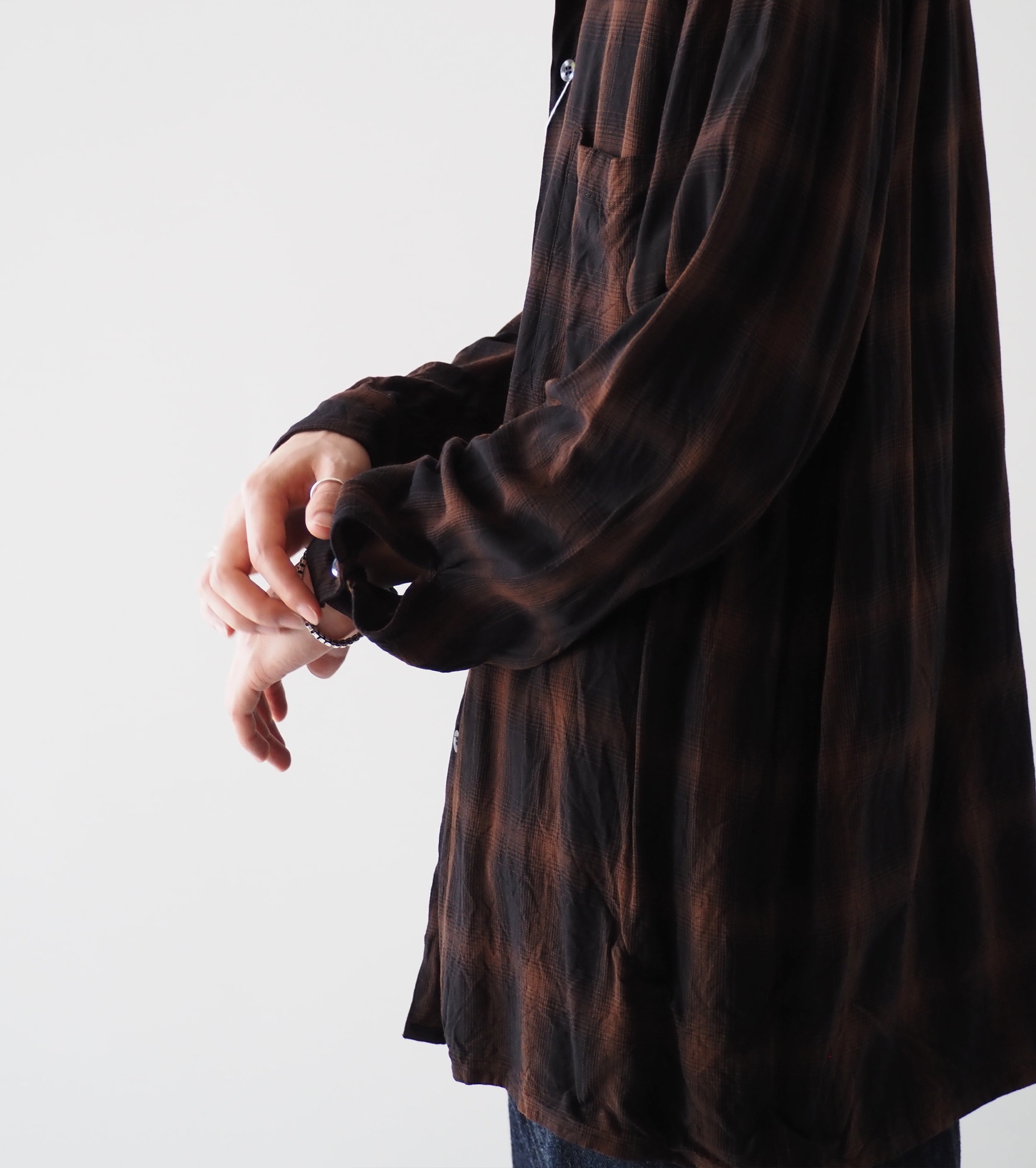 COMOLI Rayon Open  Collar Shirt , Check