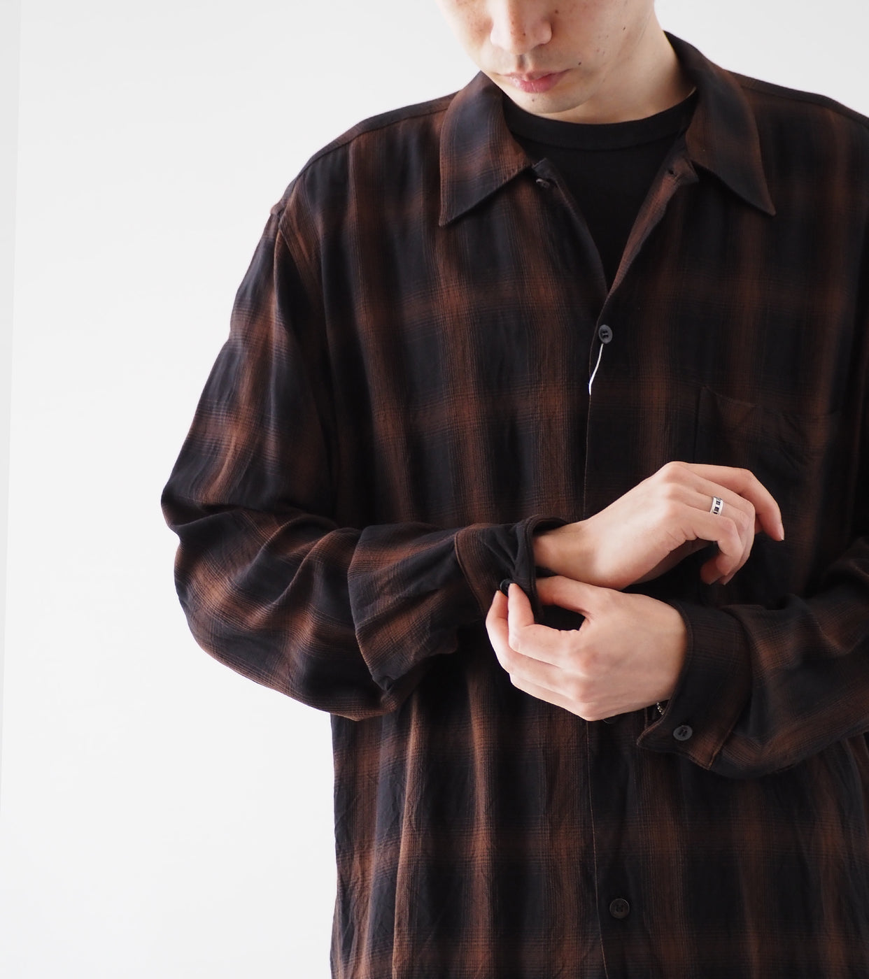COMOLI Rayon Open Collar Shirt , Check