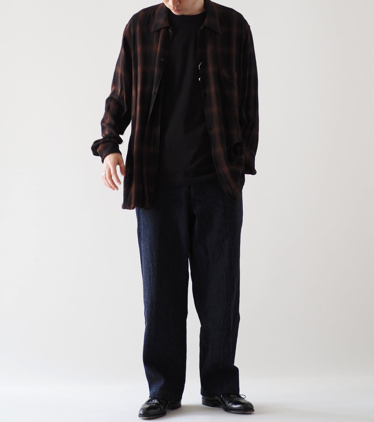 COMOLI Rayon Open Collar Shirt , Check