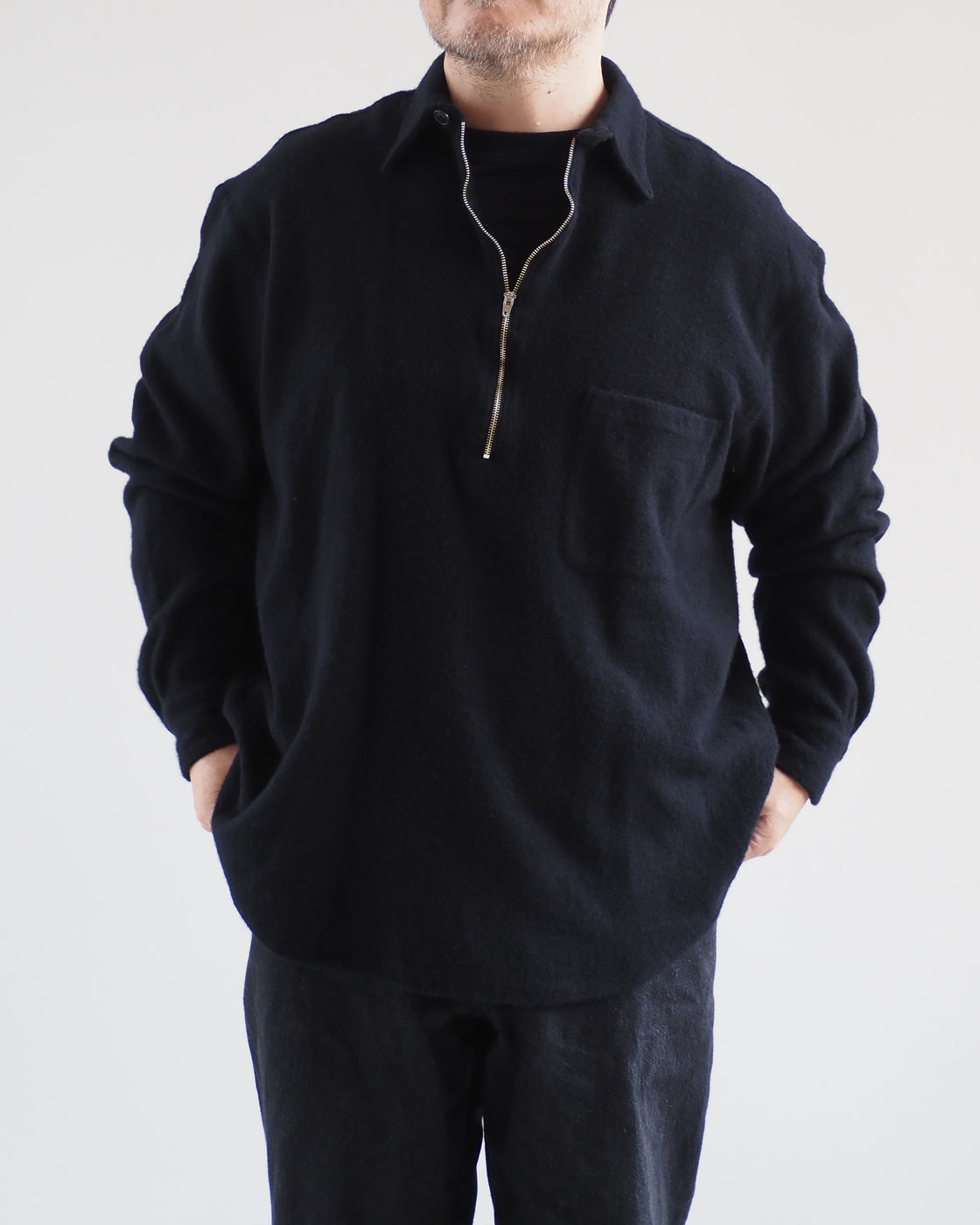 Curly Wool Half Zip Shirt,Navy