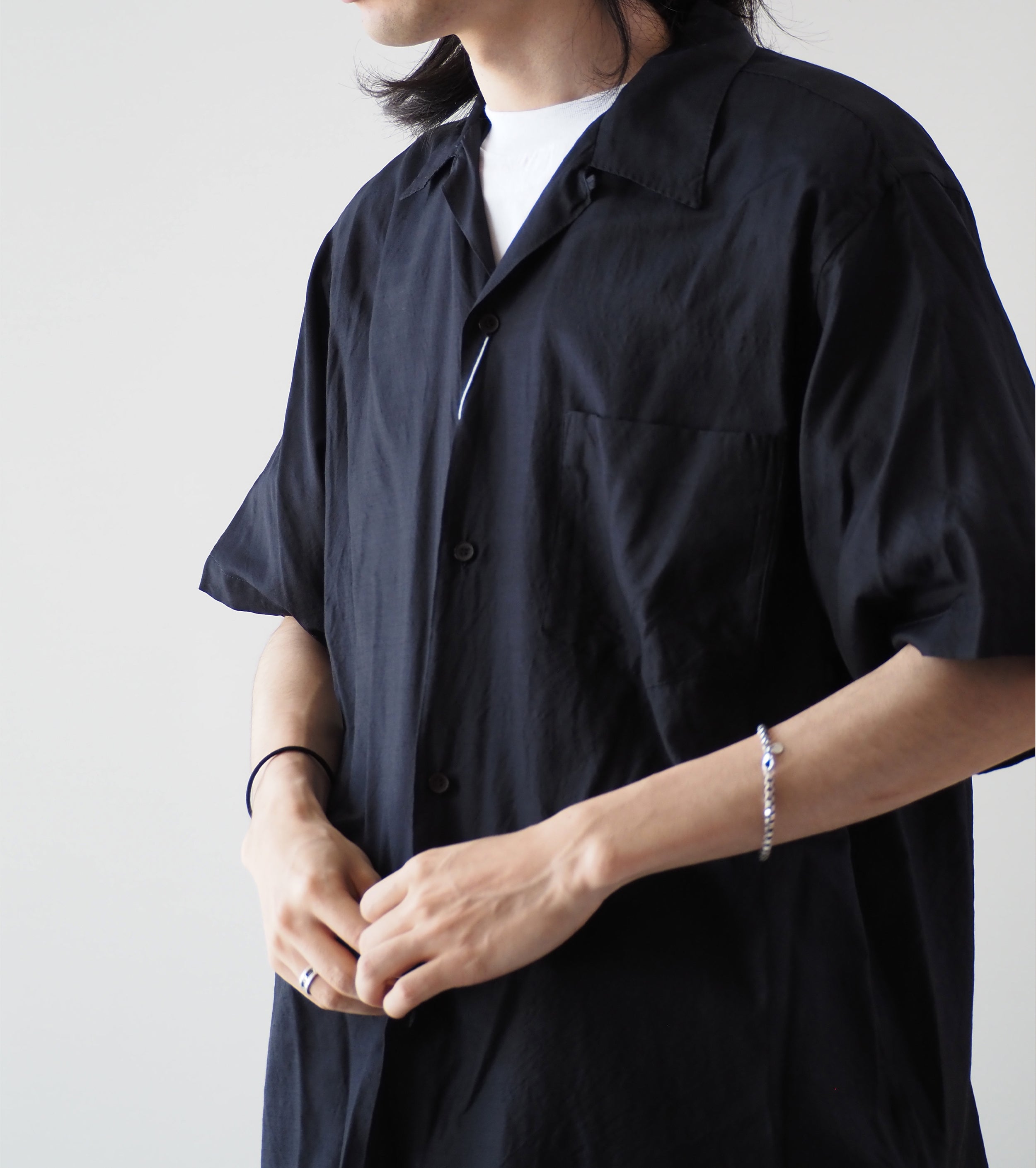 COMOLI Wool silk Short Sleeved  Open Collar Shirt  , Navy