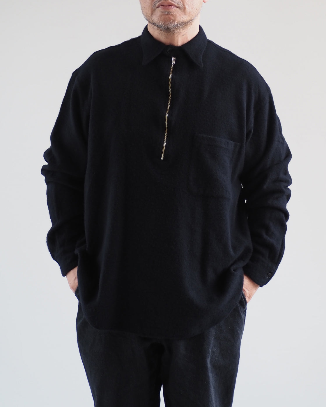 Curly Wool Half Zip Shirt,Navy