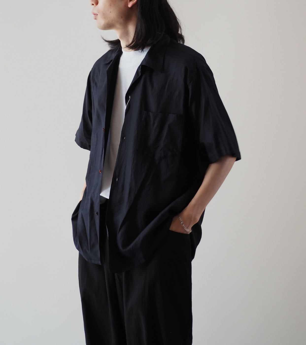 COMOLI Wool silk Short Sleeved Open Collar Shirt , Navy