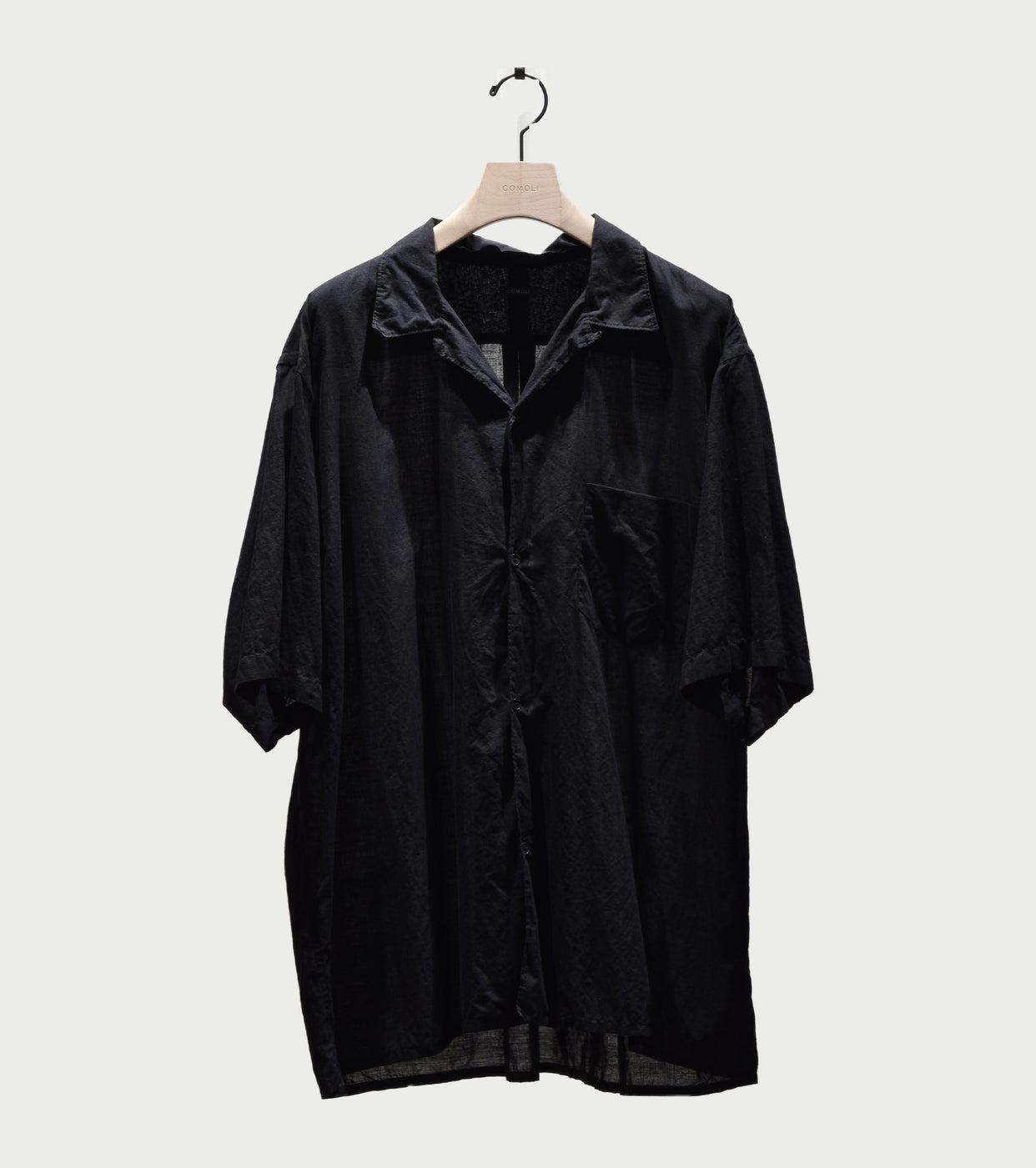 COMOLI KHADI Cotton Short Sleeve Open Collar Shirts, Black