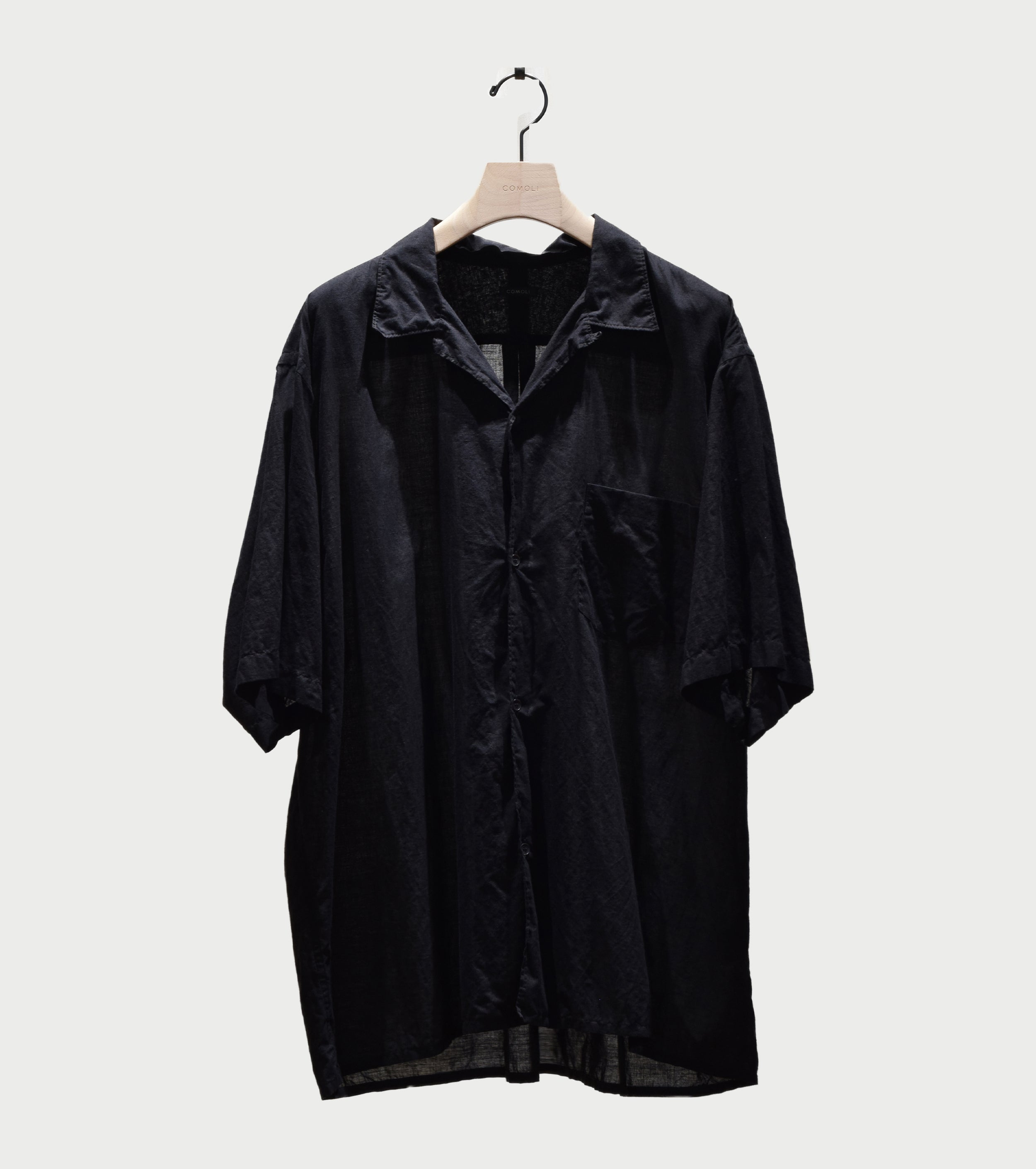 COMOLI KHADI Cotton Short Sleeve Open Collar Shirts, Black