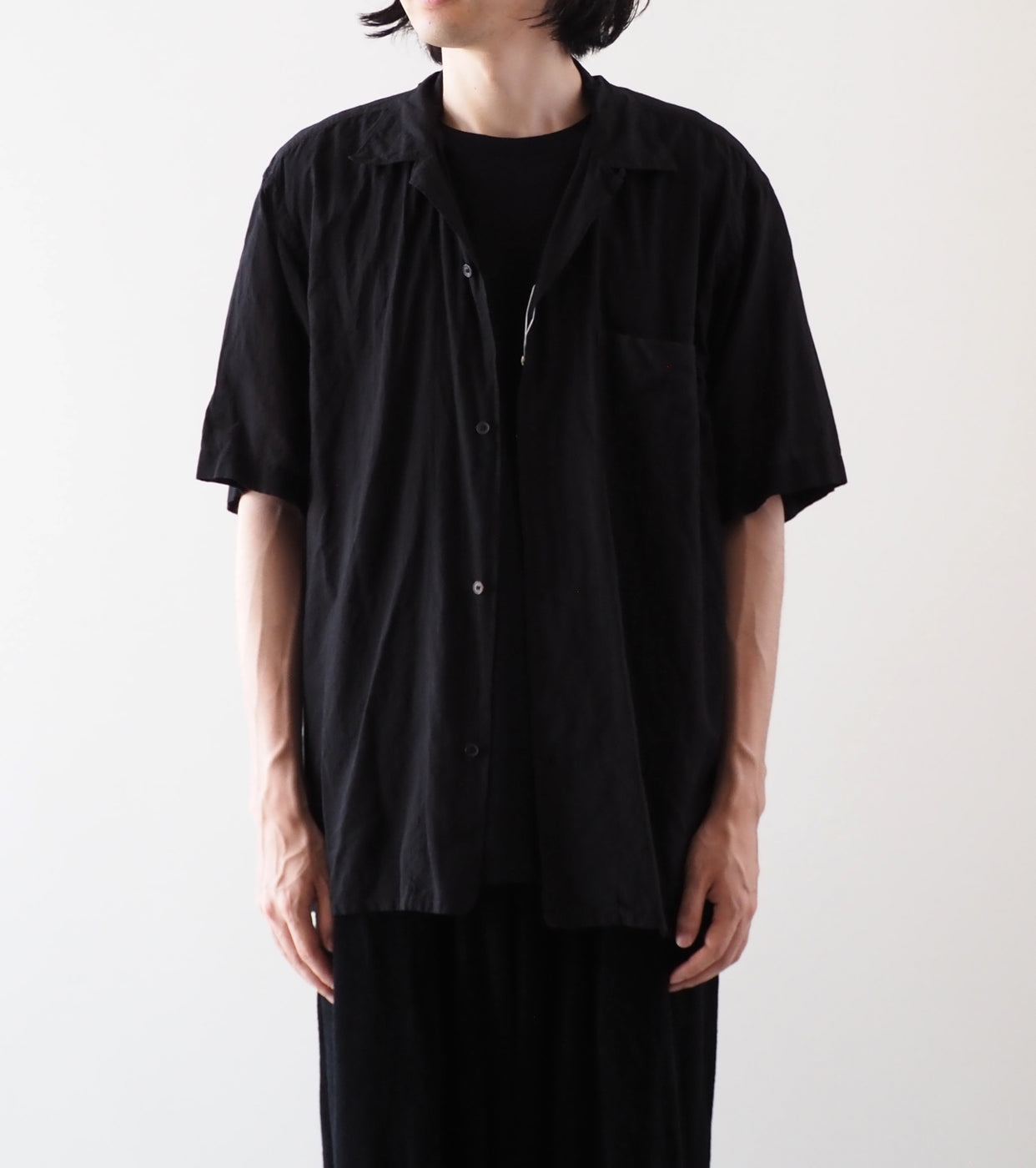 COMOLI KHADI Cotton Short Sleeve Open Collar Shirts, Black