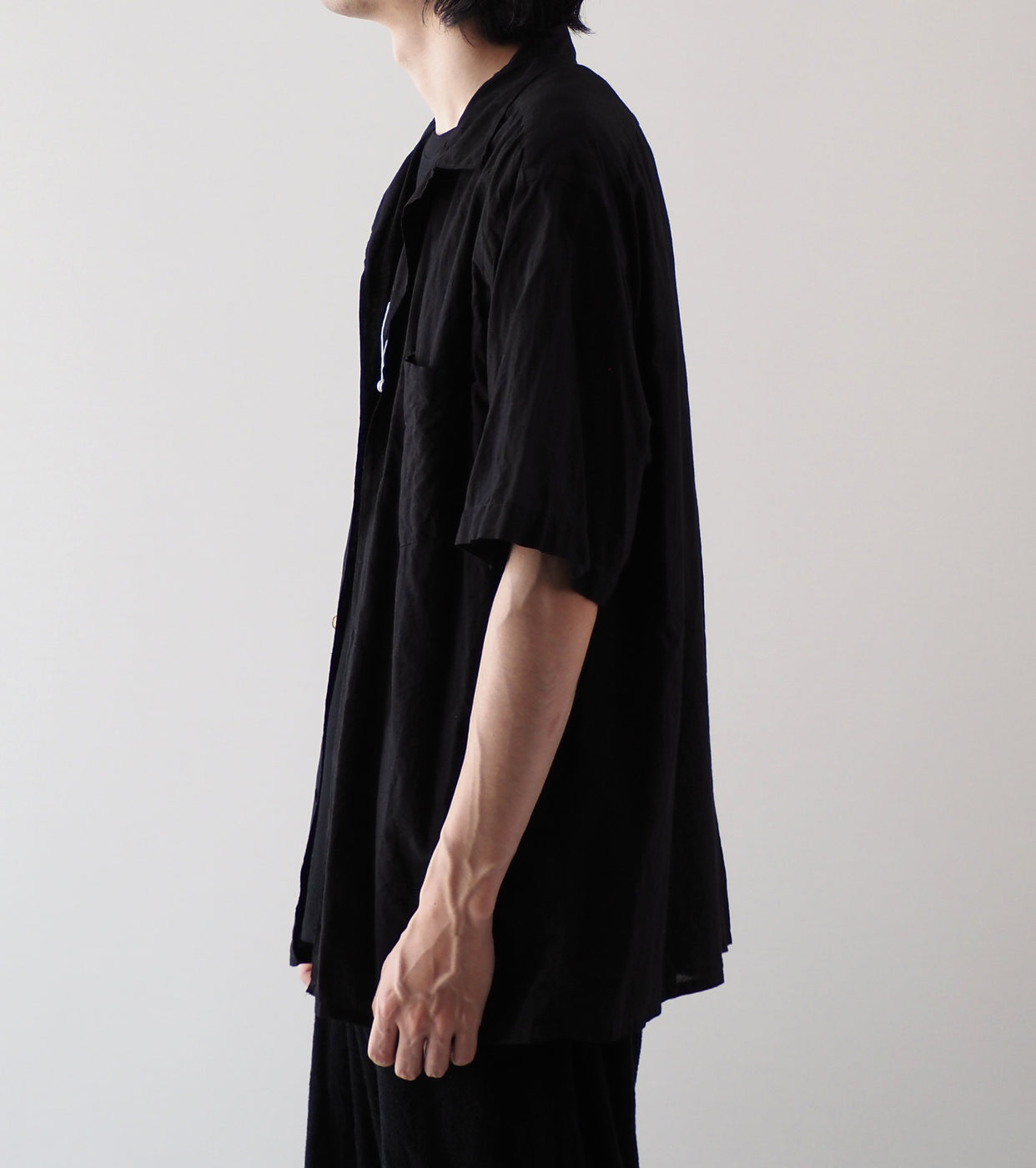 COMOLI KHADI Cotton Short Sleeve Open Collar Shirts, Black