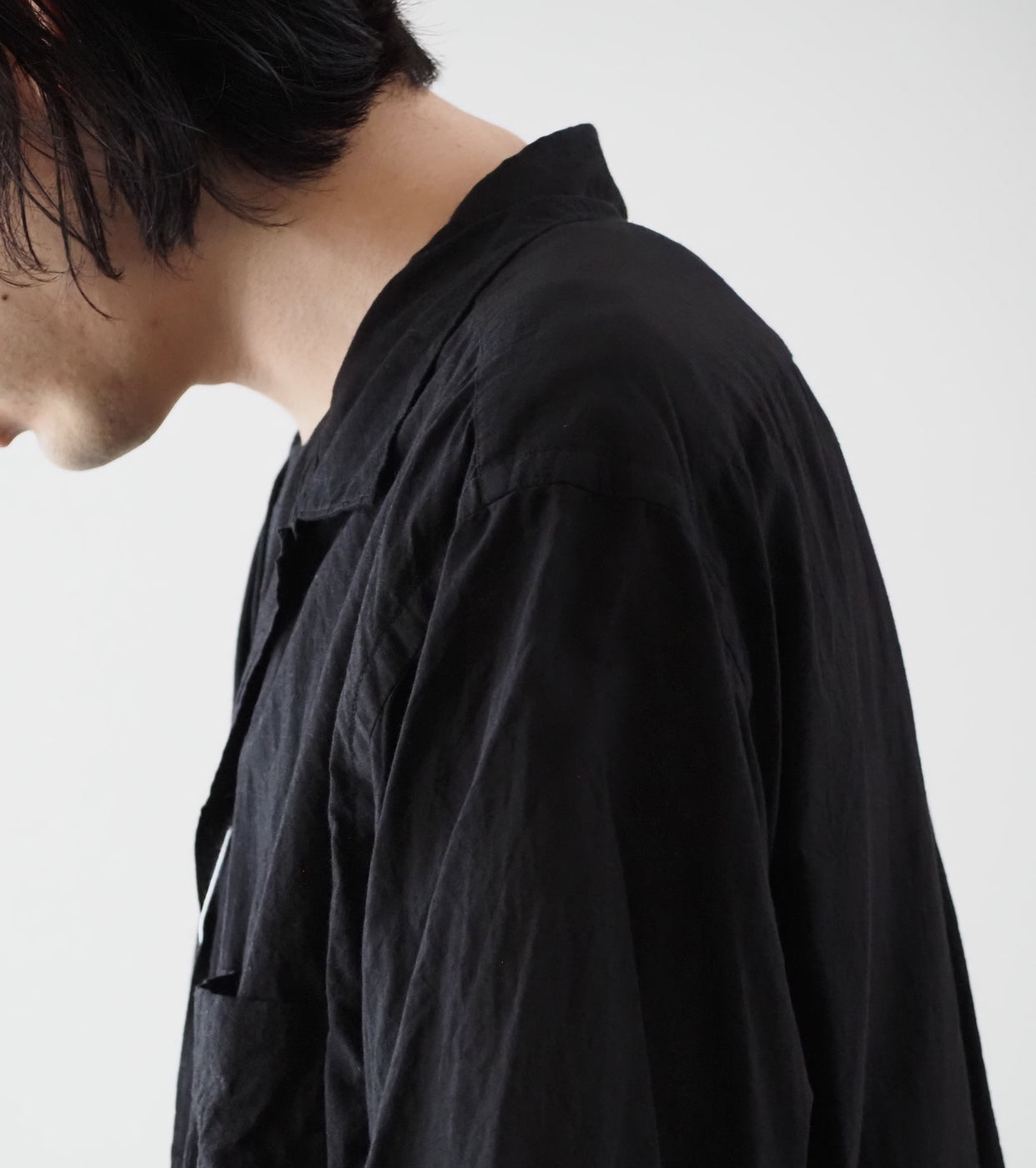 COMOLI KHADI Cotton Short Sleeve Open Collar Shirts, Black