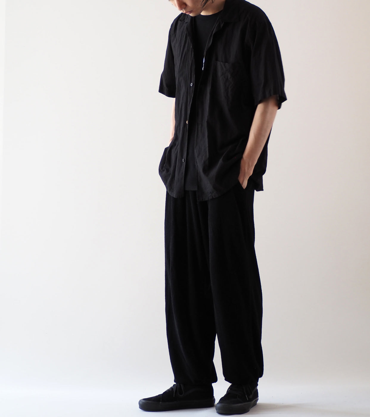 COMOLI KHADI Cotton Short Sleeve Open Collar Shirts, Black