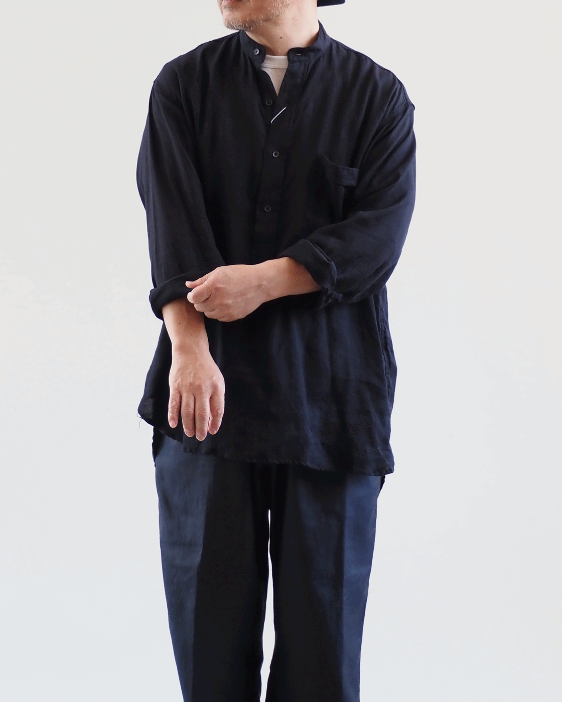 Linen twill pullover shirt, Navy