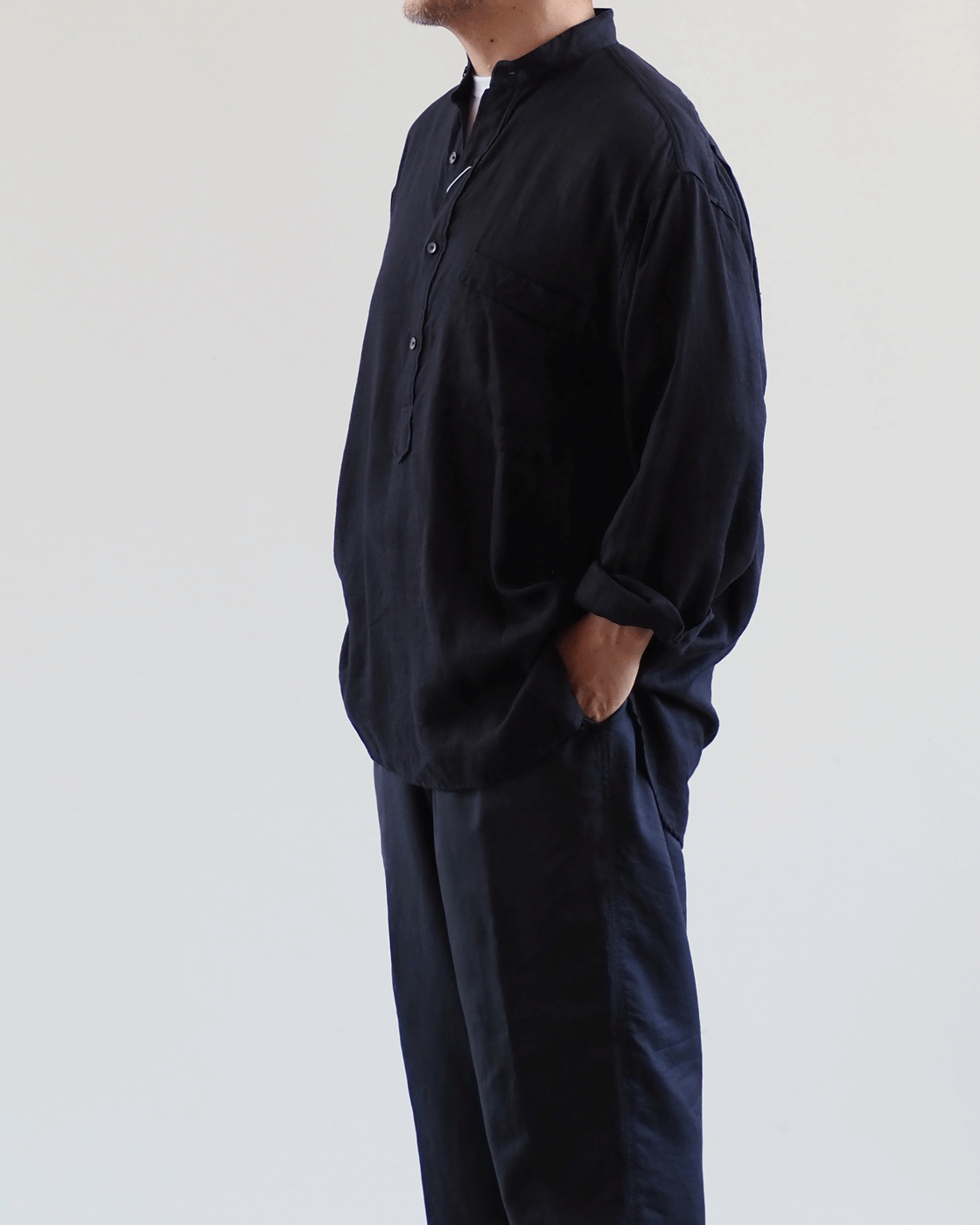 Linen twill pullover shirt, Navy