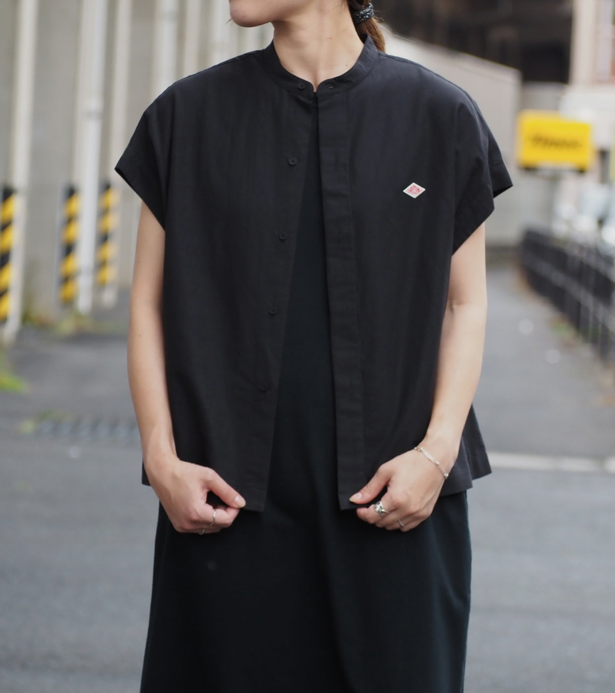 DANTON Cotton Linen Slub Sleeveless Shirt , Black