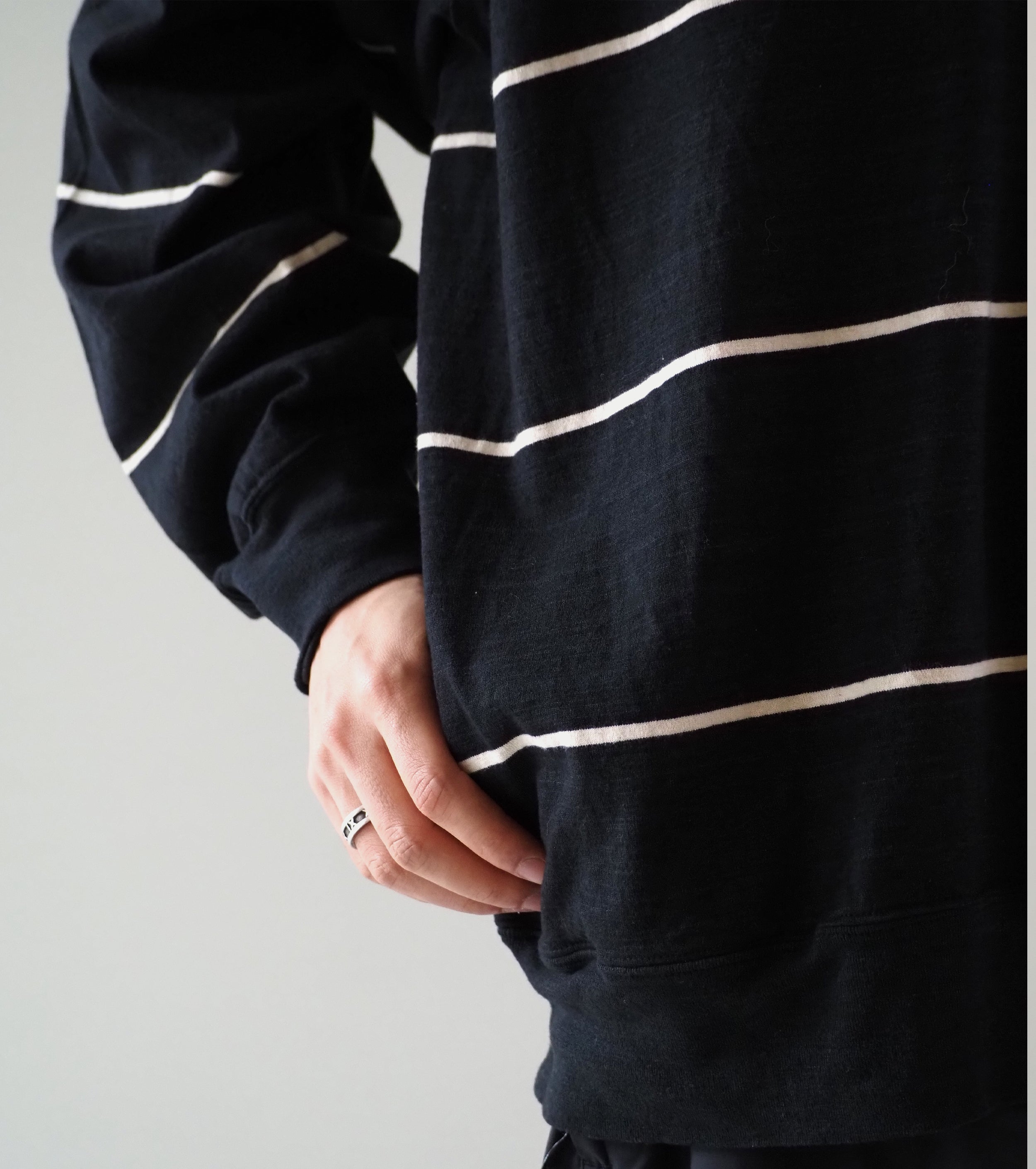 blurhms Cotton Nep Border Collared Half Zip, Black Body × Ivory Line