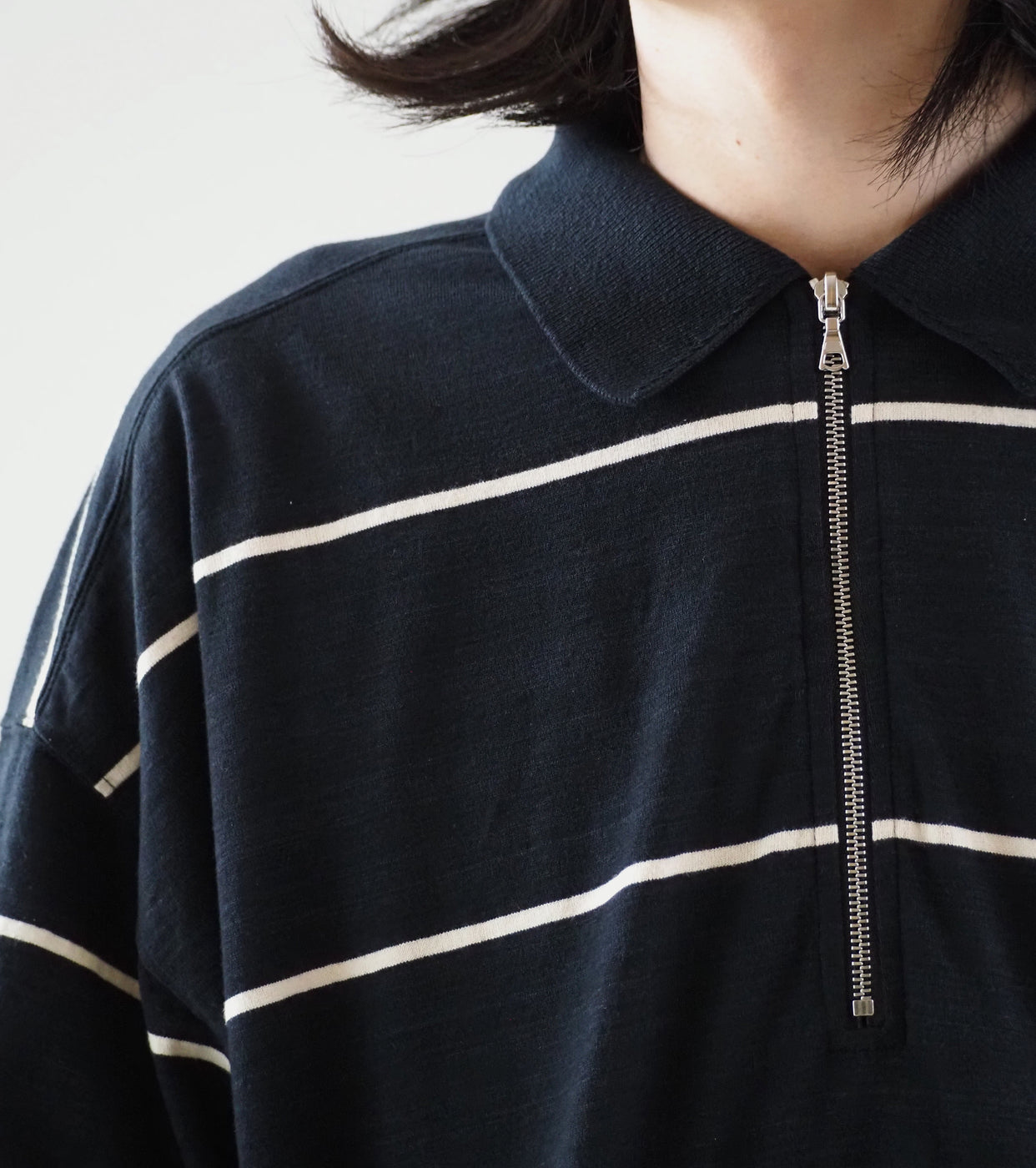 blurhms Cotton Nep Border Collared Half Zip, Black Body × Ivory Line