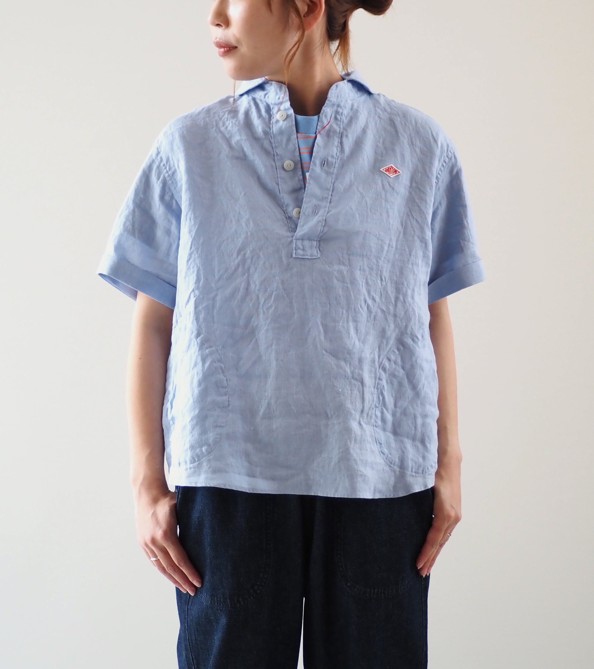 DANTON Linen Round Collar Short Sleeve Pullover Shirt , Dk.Sax