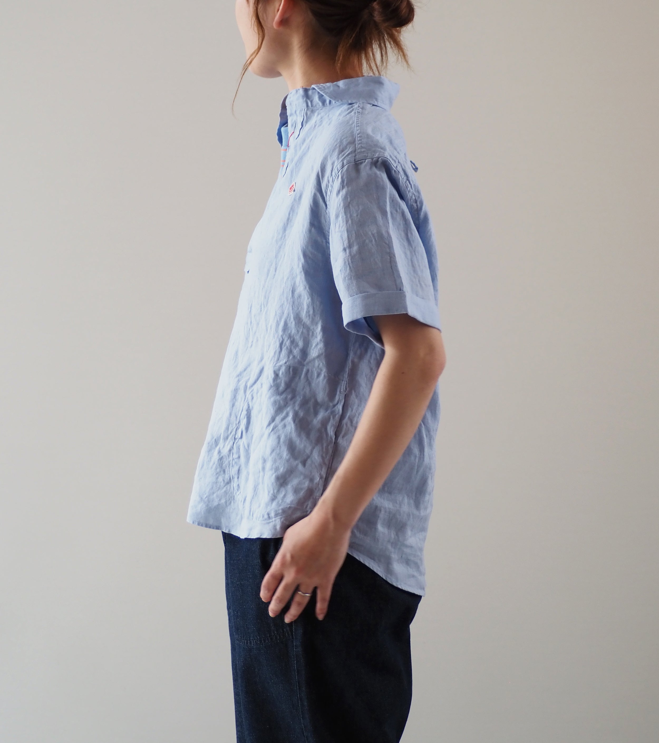 DANTON Linen Round Collar Short Sleeve Pullover Shirt , Dk.Sax