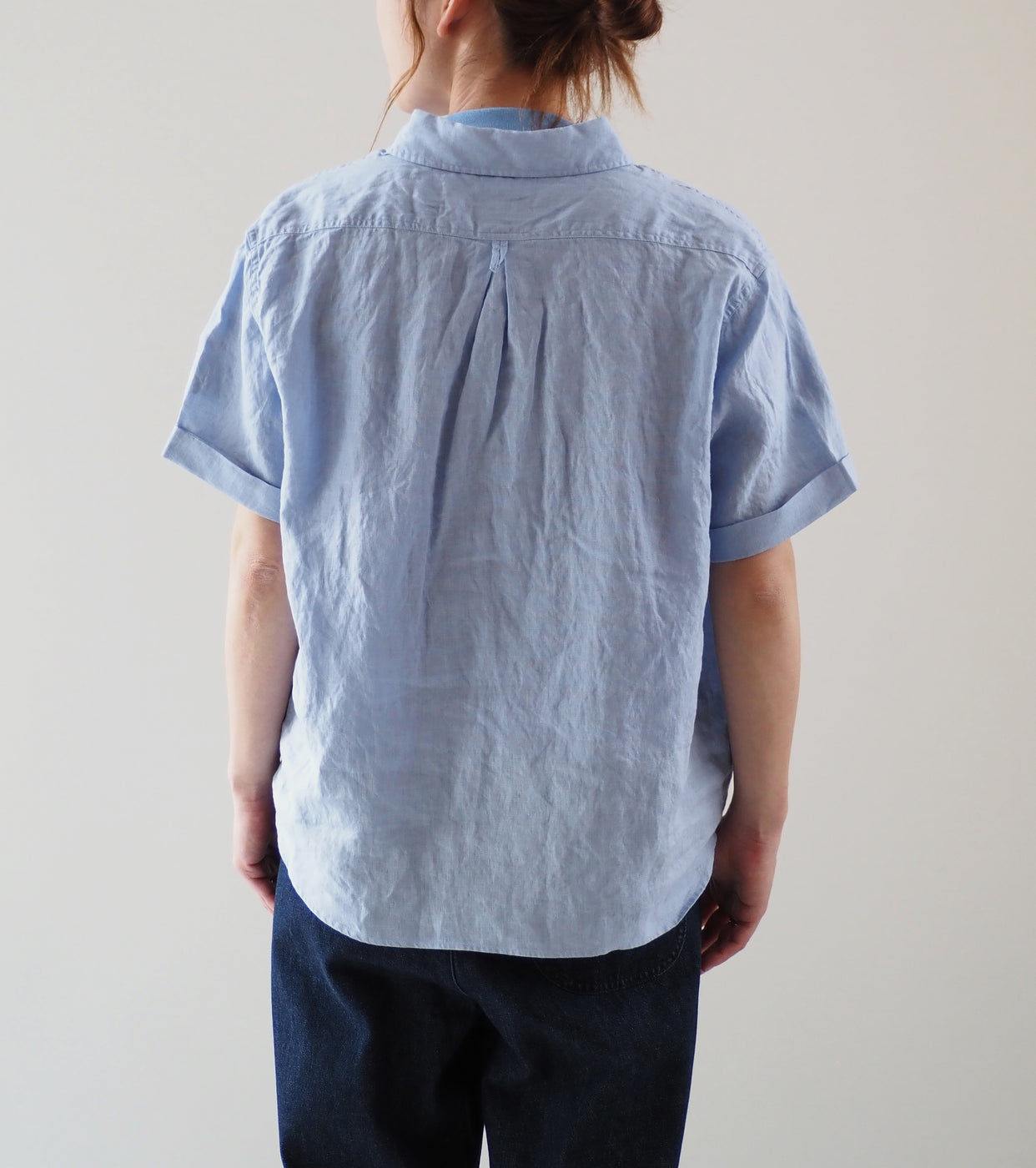 DANTON Linen Round Collar Short Sleeve Pullover Shirt , Dk.Sax