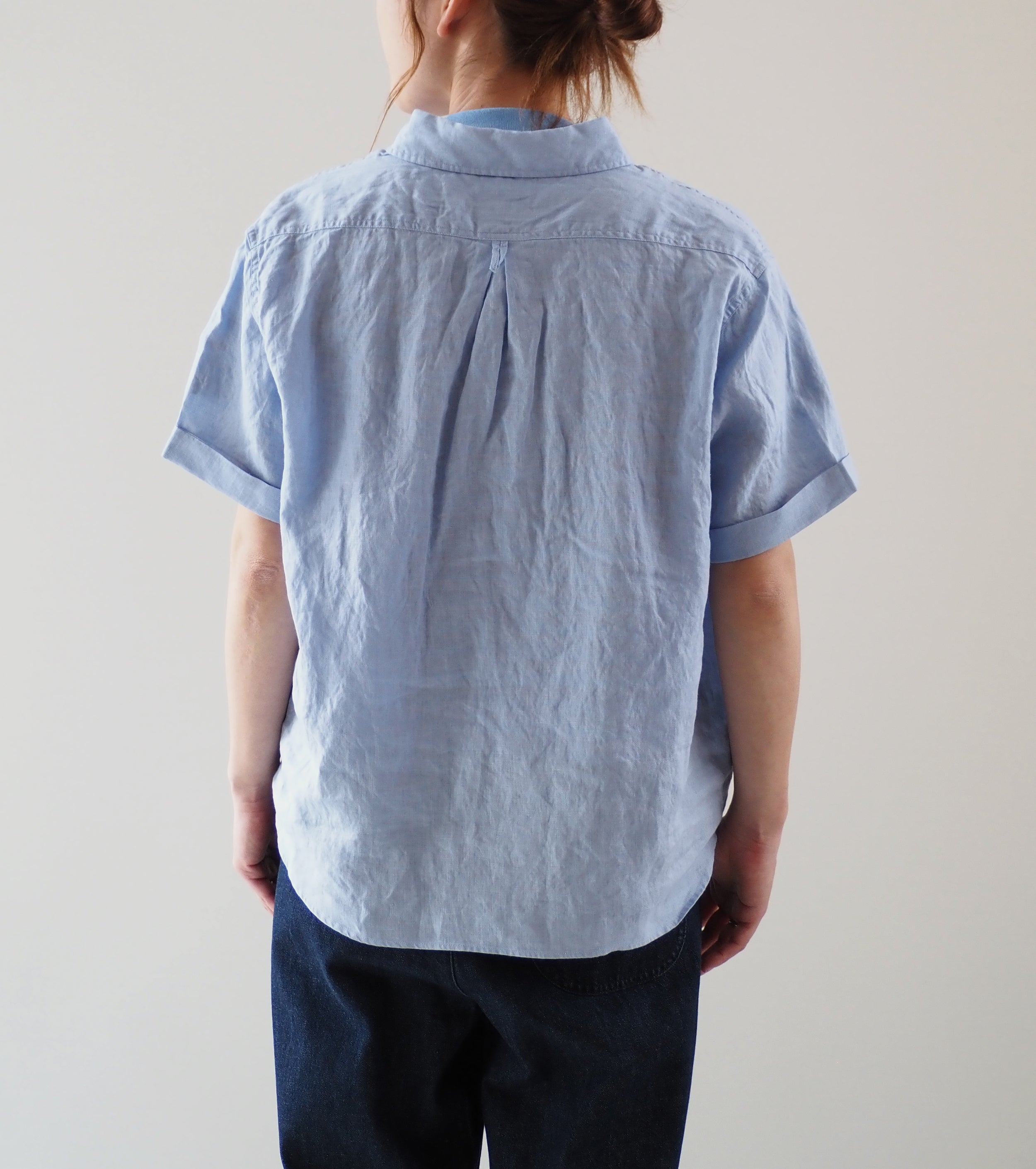 DANTON Linen Round Collar Short Sleeve Pullover Shirt , Dk.Sax