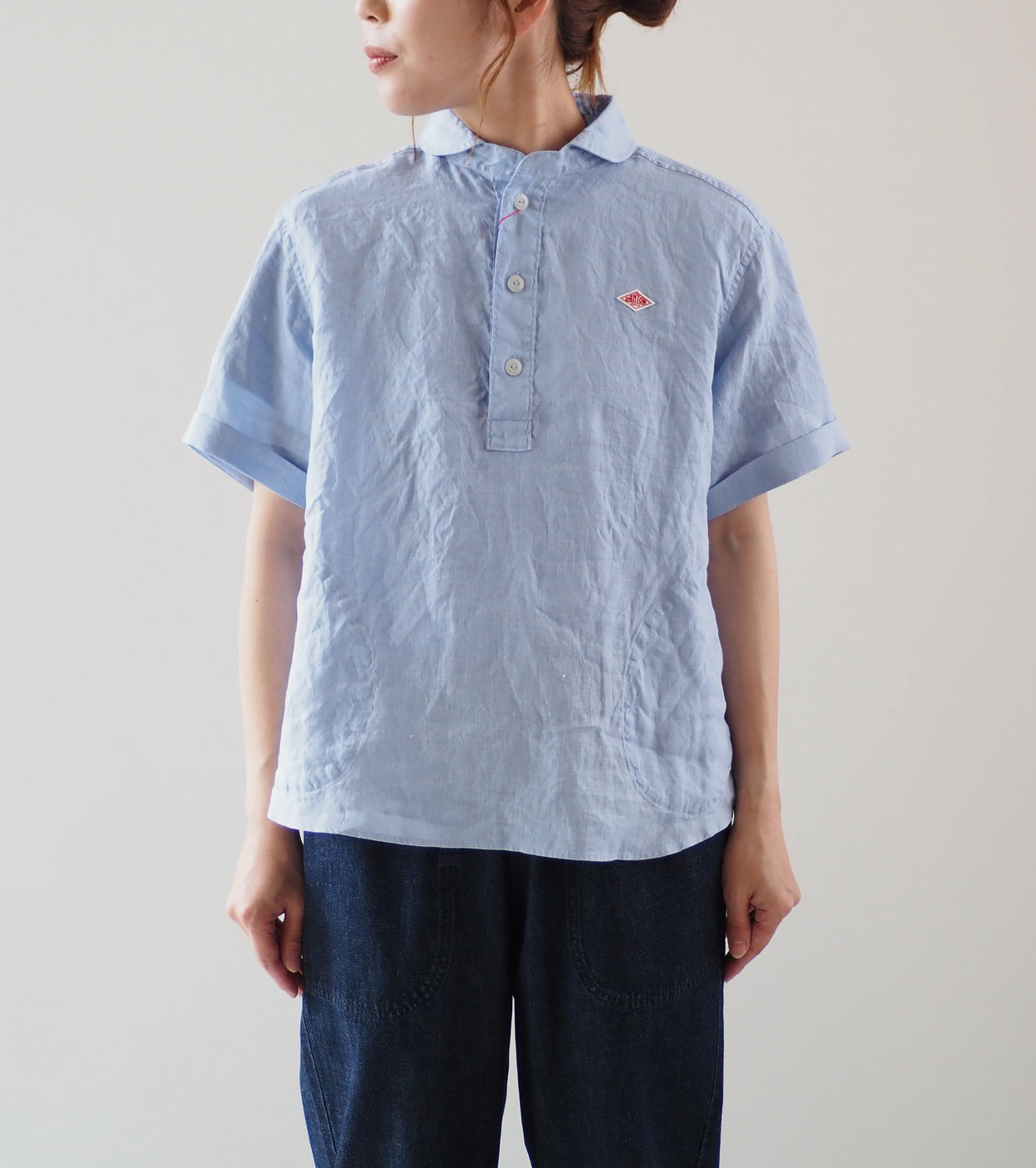 DANTON Linen Round Collar Short Sleeve Pullover Shirt , Dk.Sax
