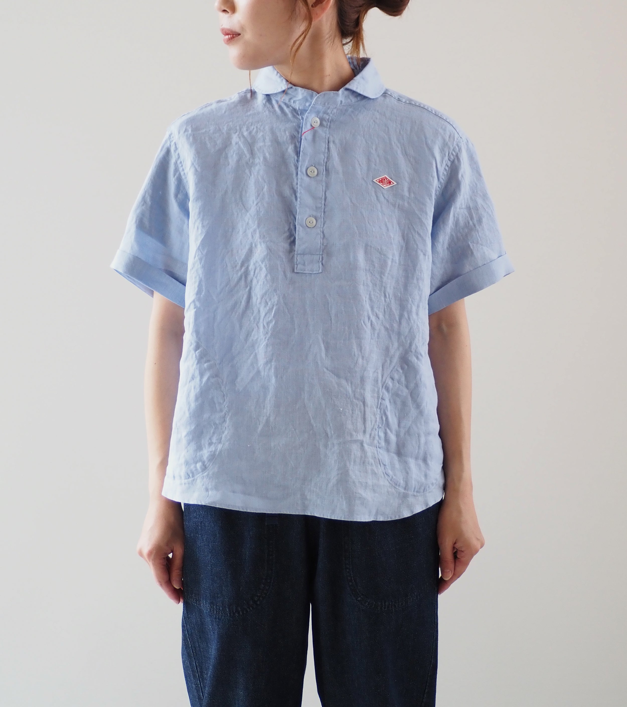DANTON Linen Round Collar Short Sleeve Pullover Shirt , Dk.Sax