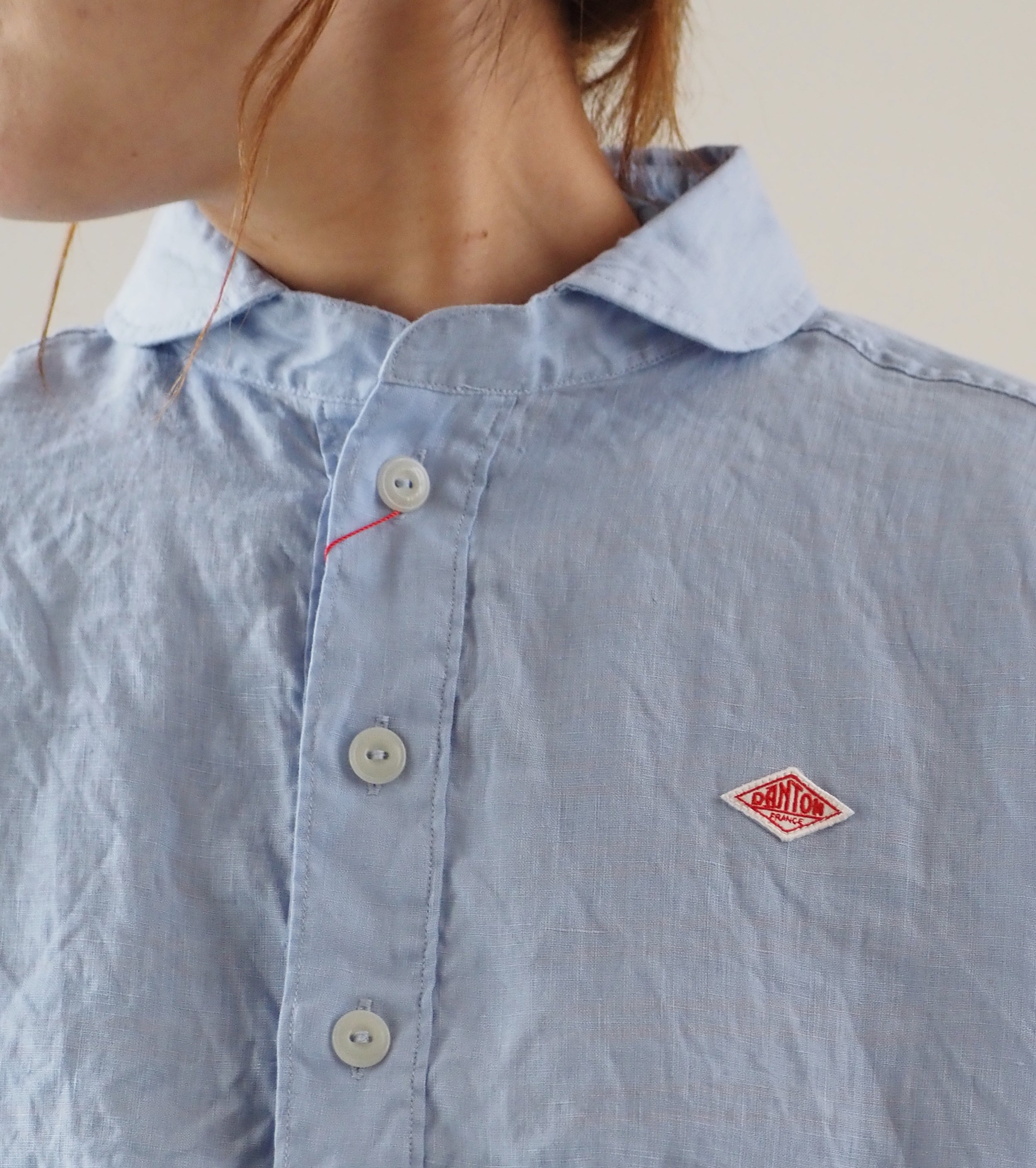 DANTON Linen Round Collar Short Sleeve Pullover Shirt , Dk.Sax