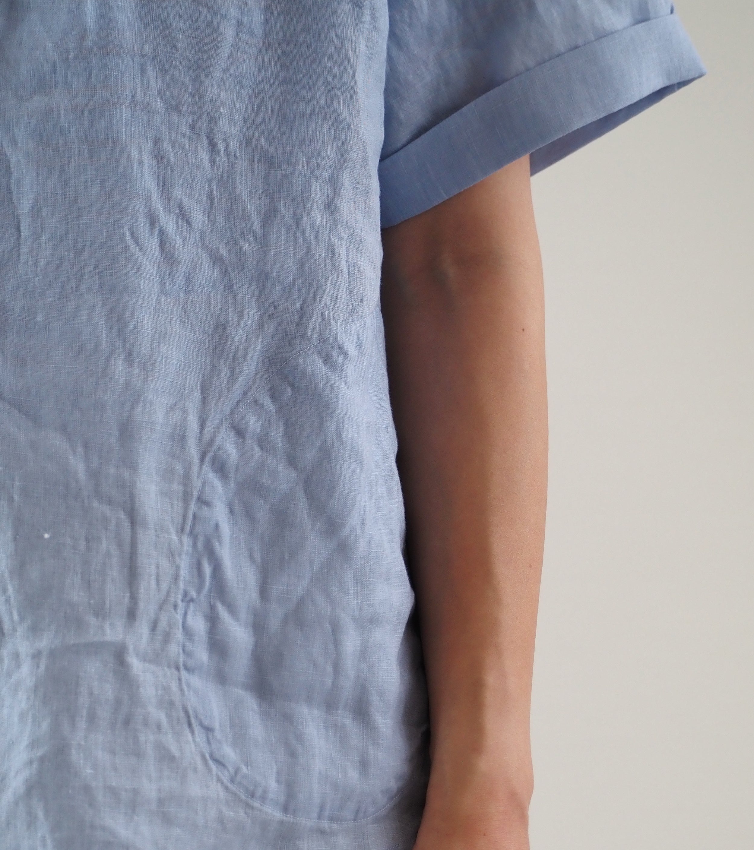 DANTON Linen Round Collar Short Sleeve Pullover Shirt , Dk.Sax