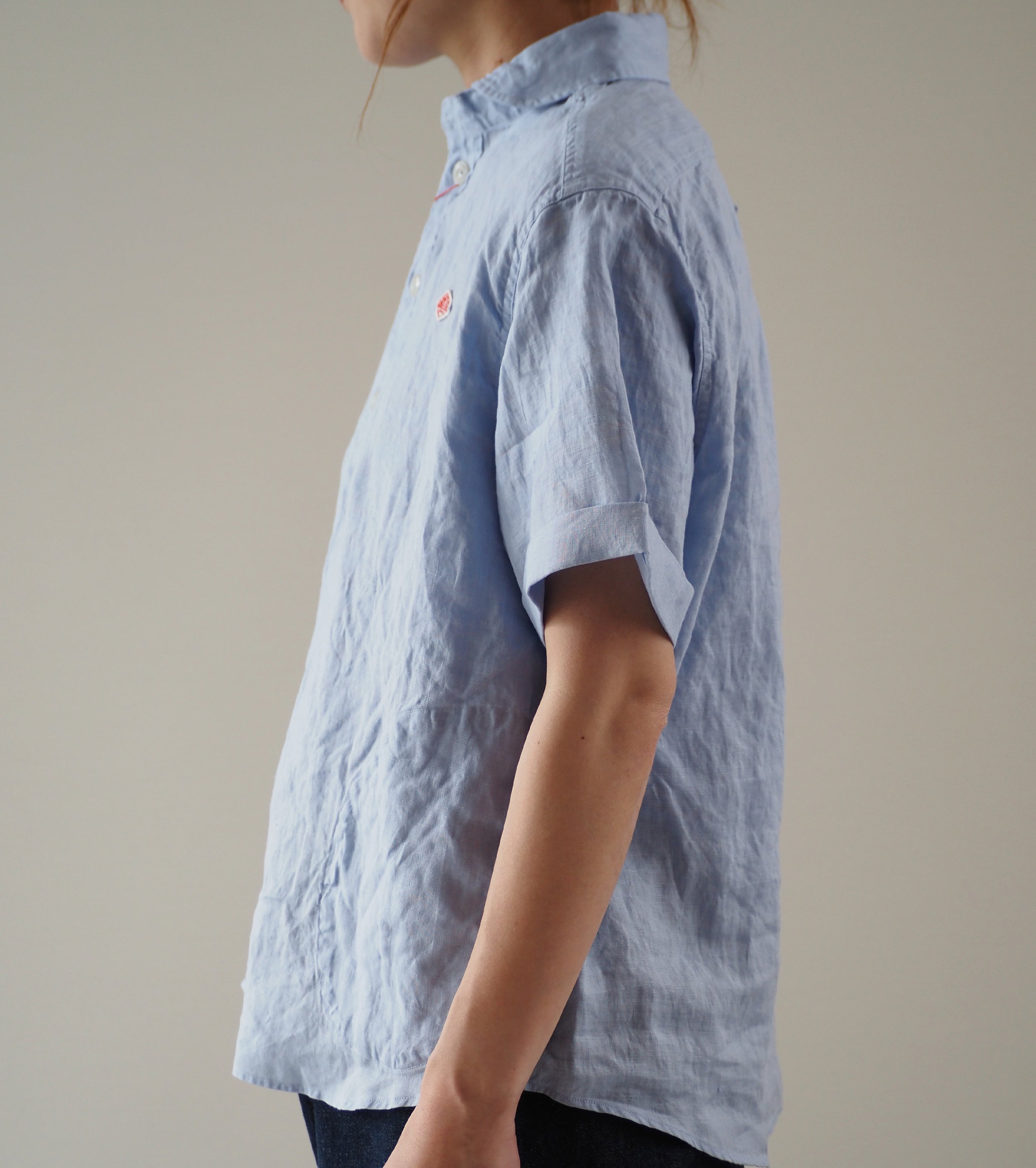 DANTON Linen Round Collar Short Sleeve Pullover Shirt , Dk.Sax