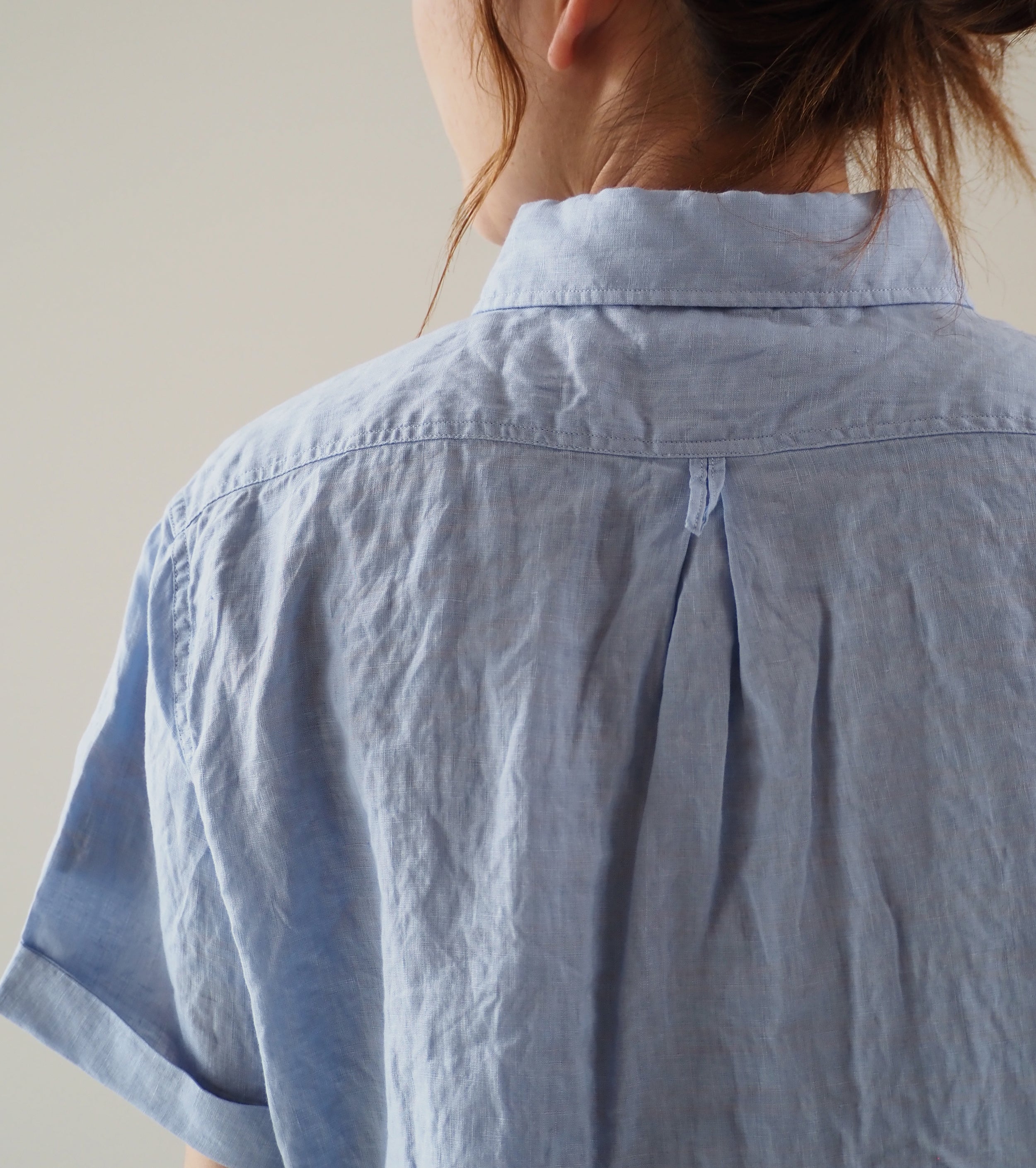 DANTON Linen Round Collar Short Sleeve Pullover Shirt , Dk.Sax