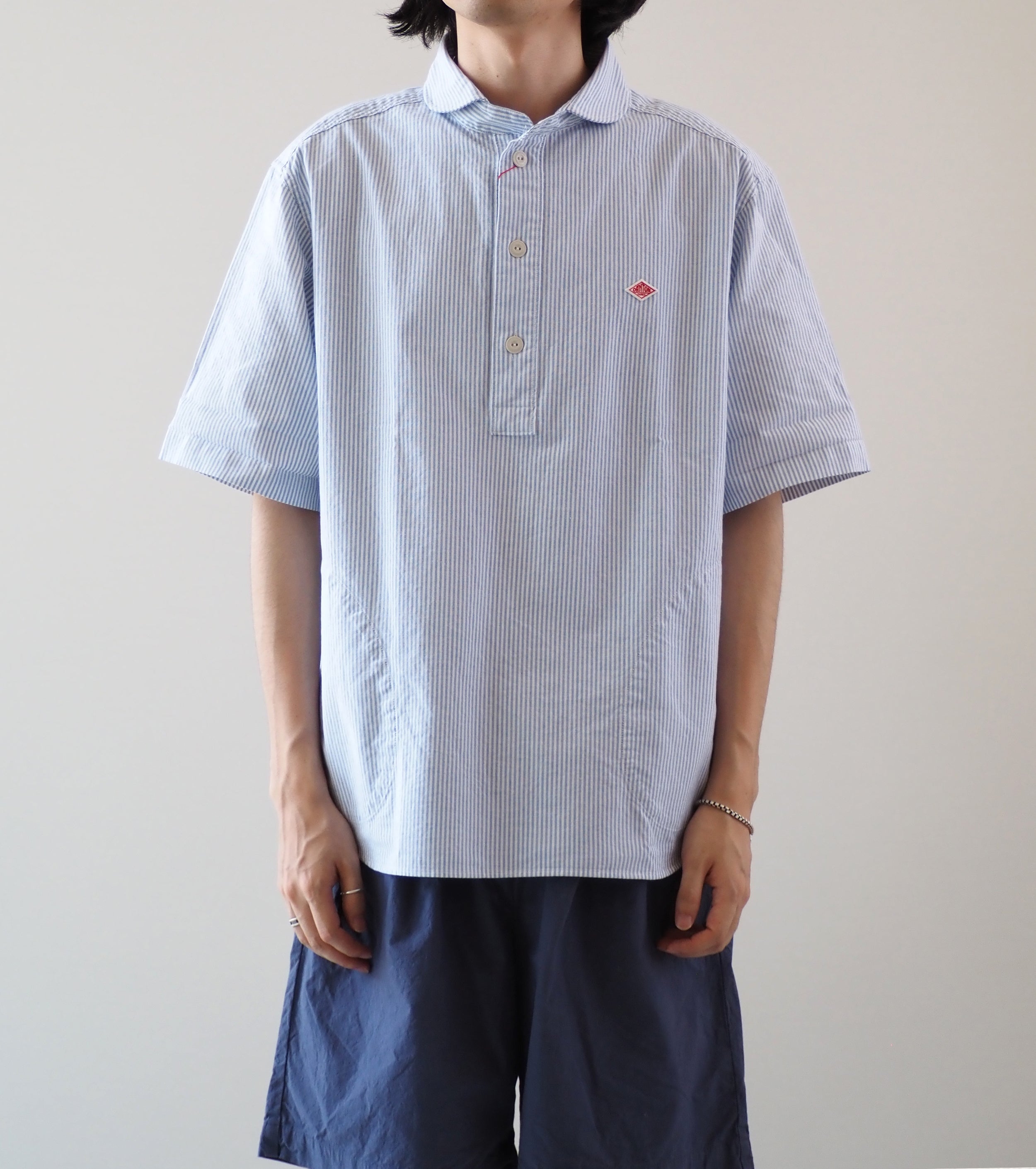 DANTON Oxford Round Collar Short Sleeve Pullover Shirt  , Sax × White Stripe