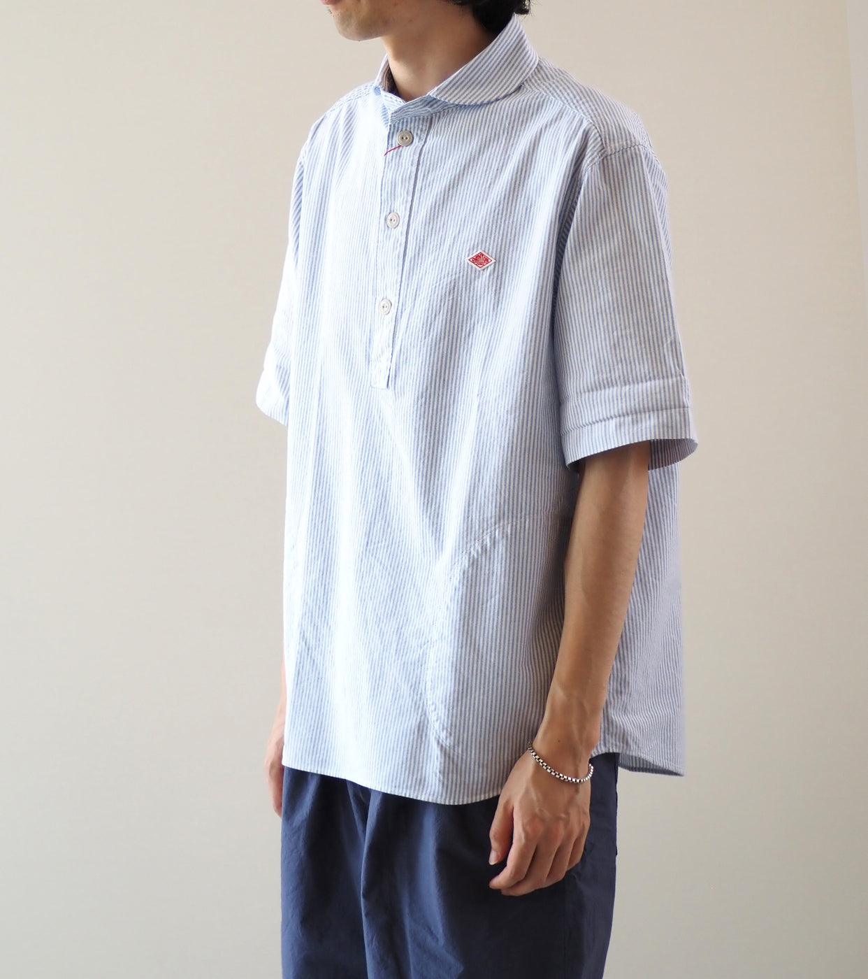 DANTON Oxford Round Collar Short Sleeve Pullover Shirt , Sax × White Stripe
