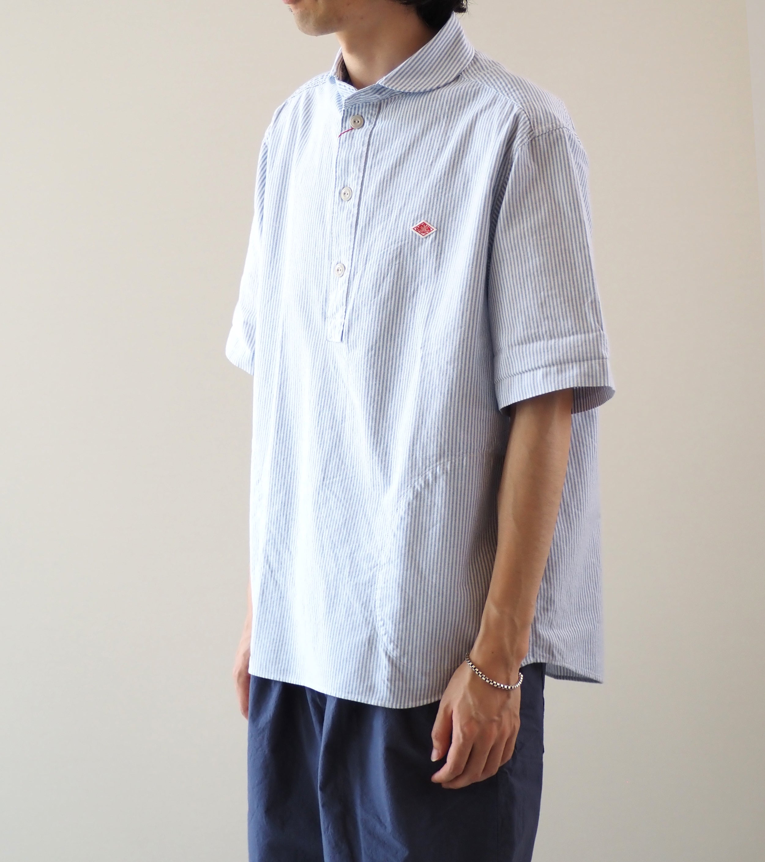 DANTON Oxford Round Collar Short Sleeve Pullover Shirt  , Sax × White Stripe