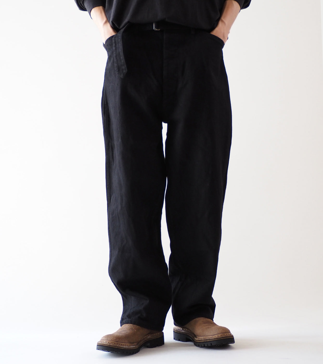 COMOLI Black Denim Belted Pants, Black