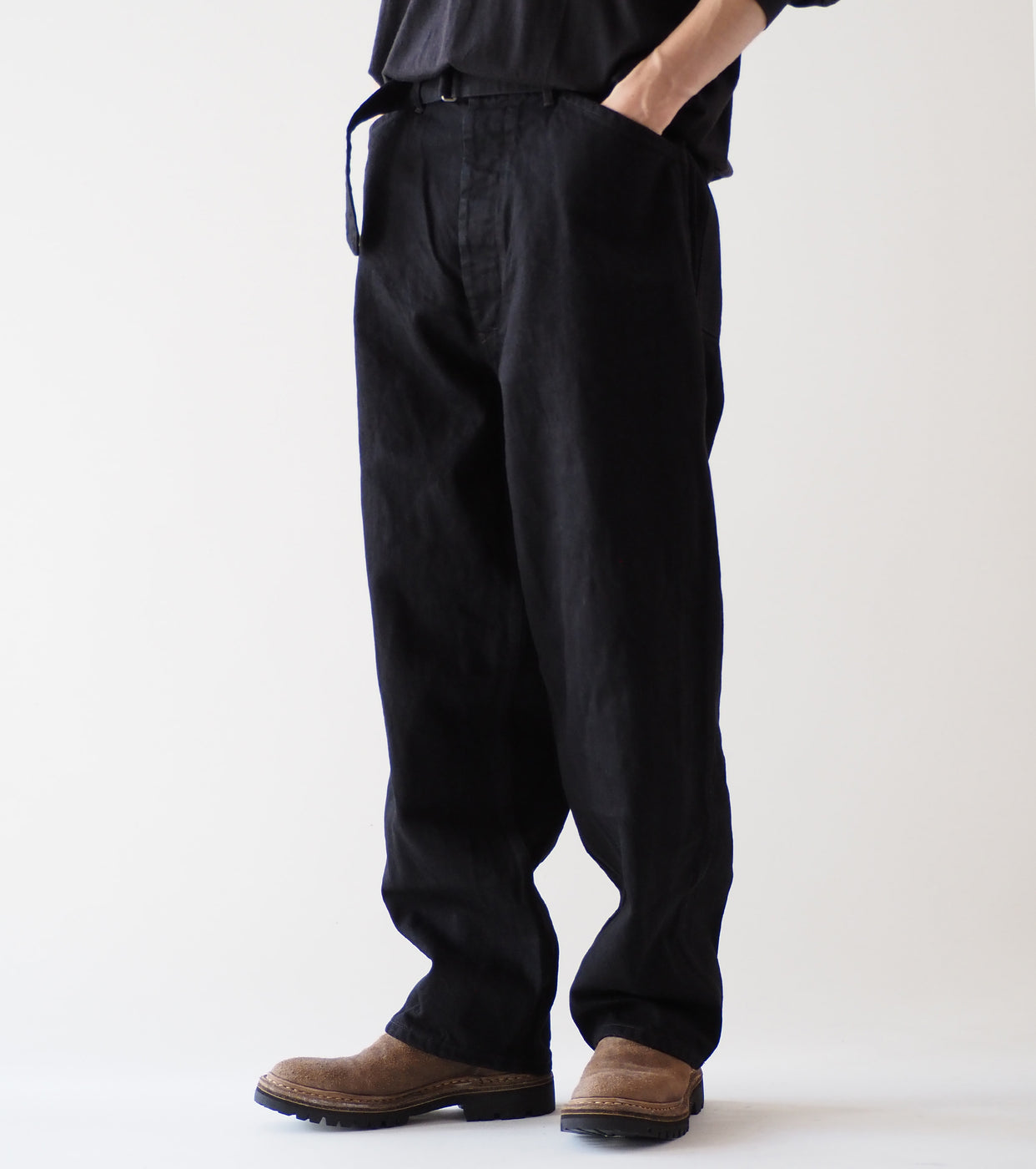 COMOLI Black Denim Belted Pants, Black