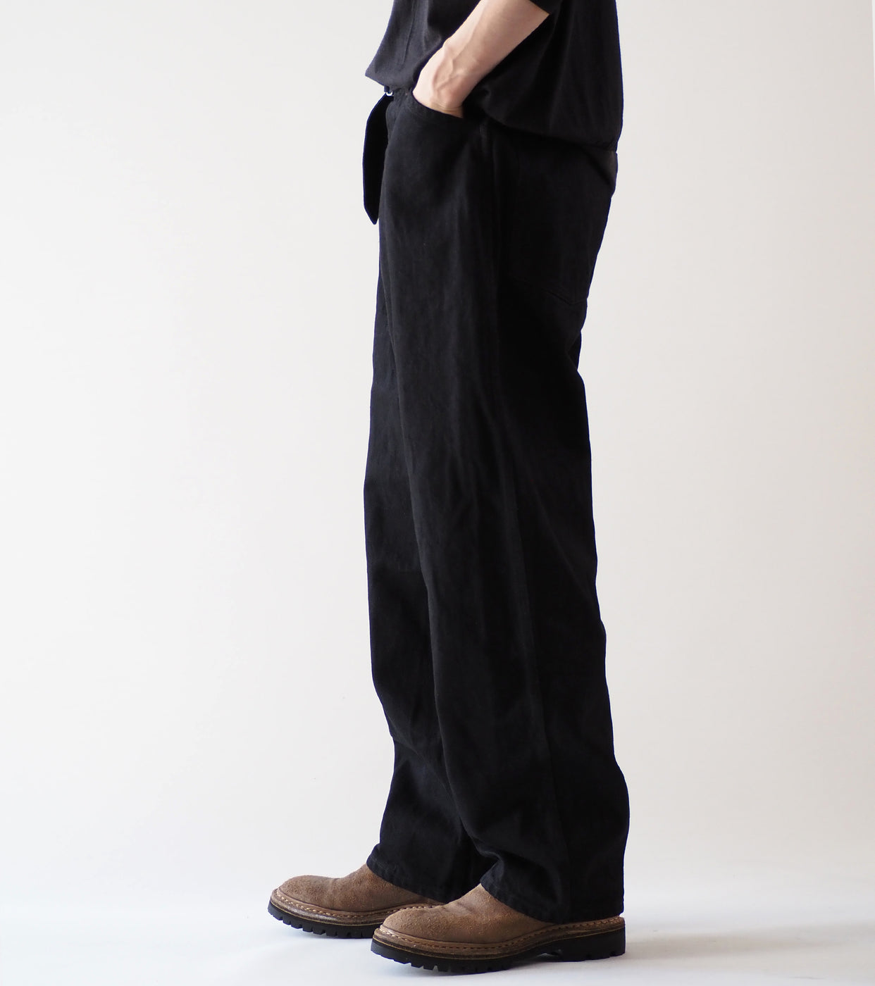 COMOLI Black Denim Belted Pants, Black