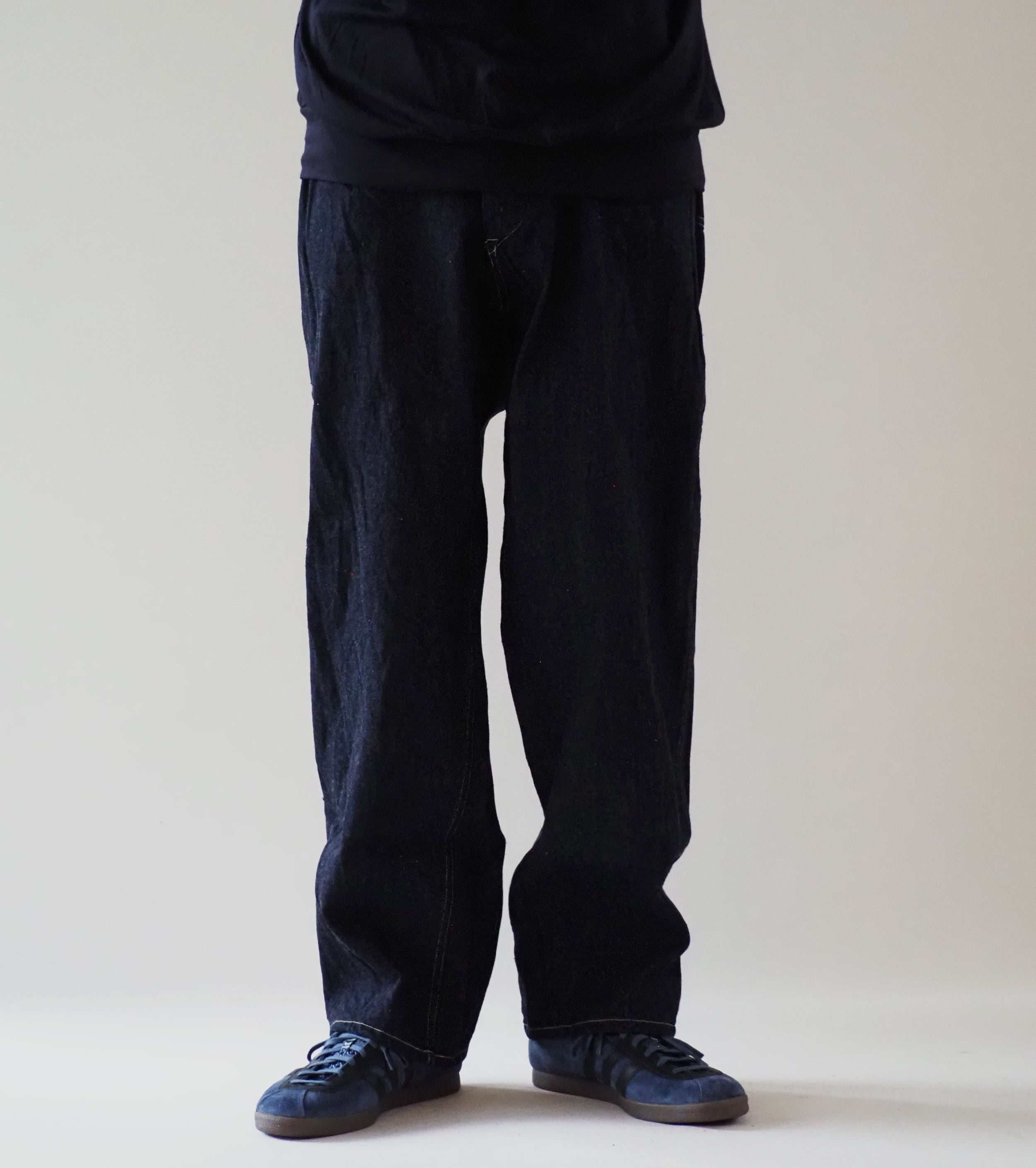 COMOLI Denim Belted Pants, Navy