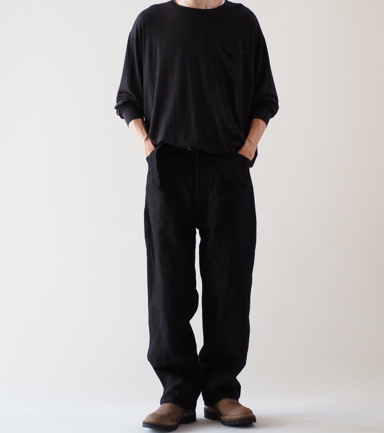 COMOLI Black Denim Belted Pants, Black