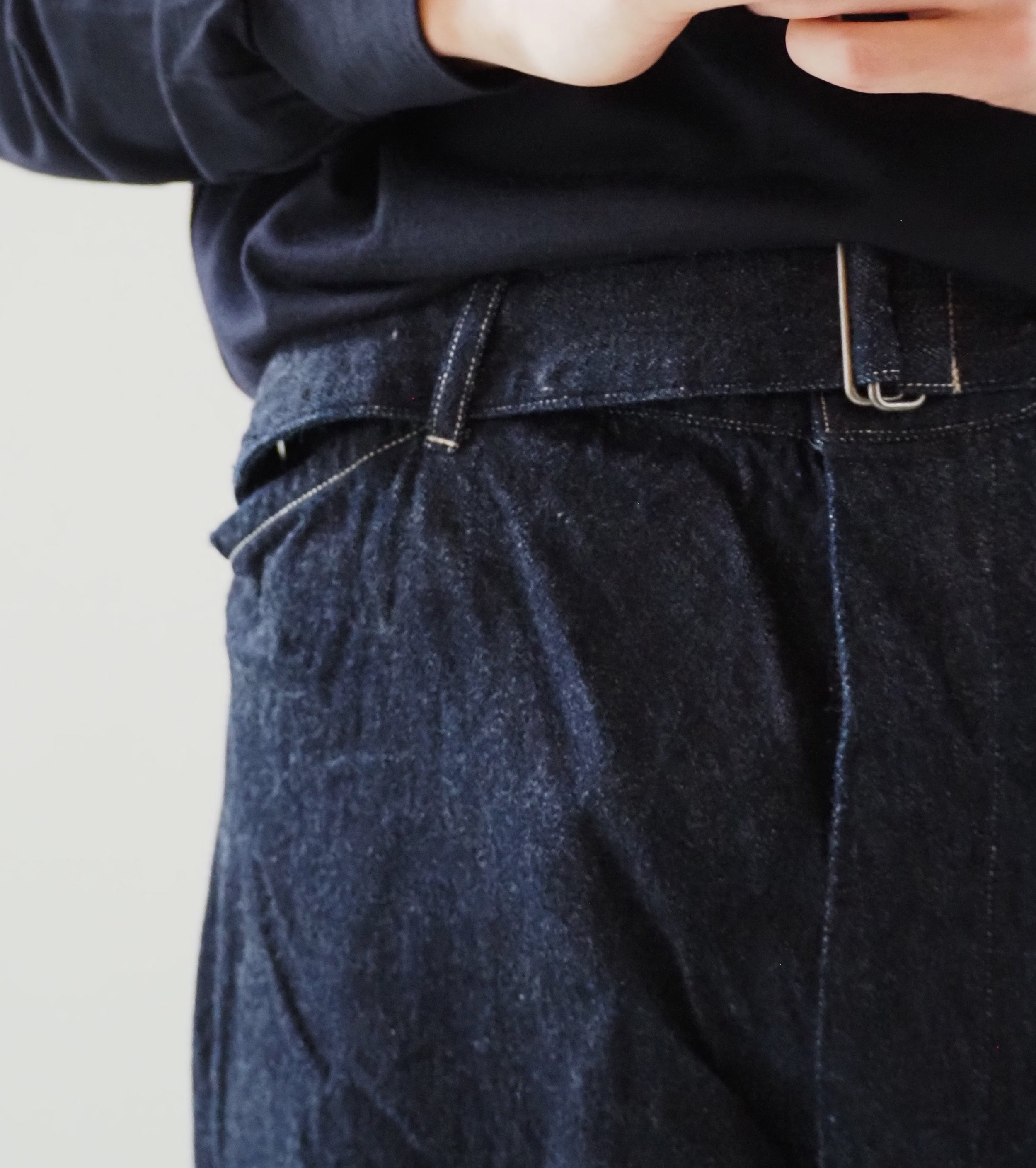 COMOLI Denim Belted Pants, Navy