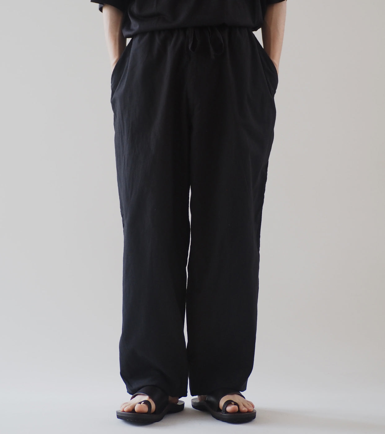 COMOLI KHADI Cotton Drawstring Pants, Black