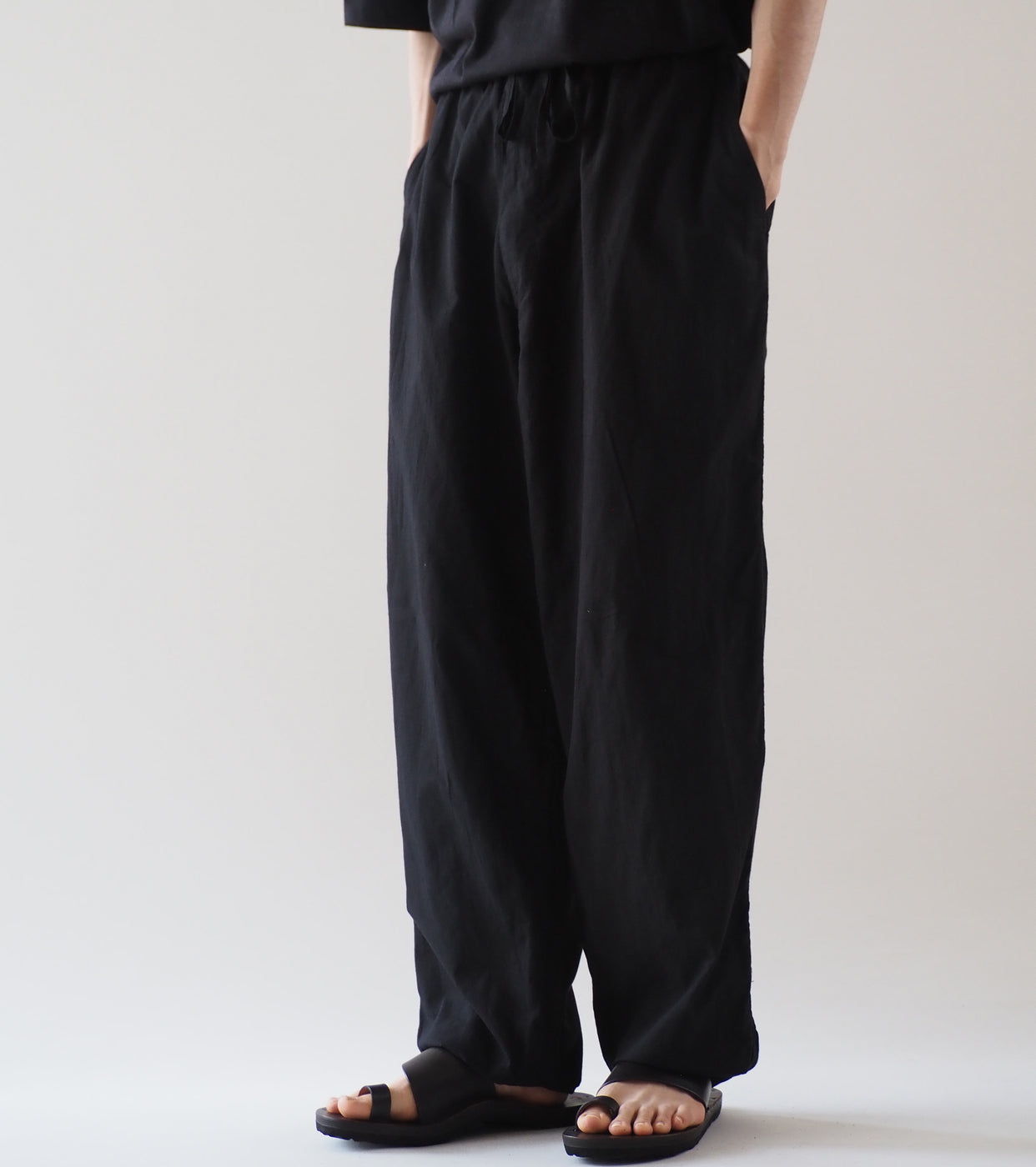 COMOLI KHADI Cotton Drawstring Pants, Black