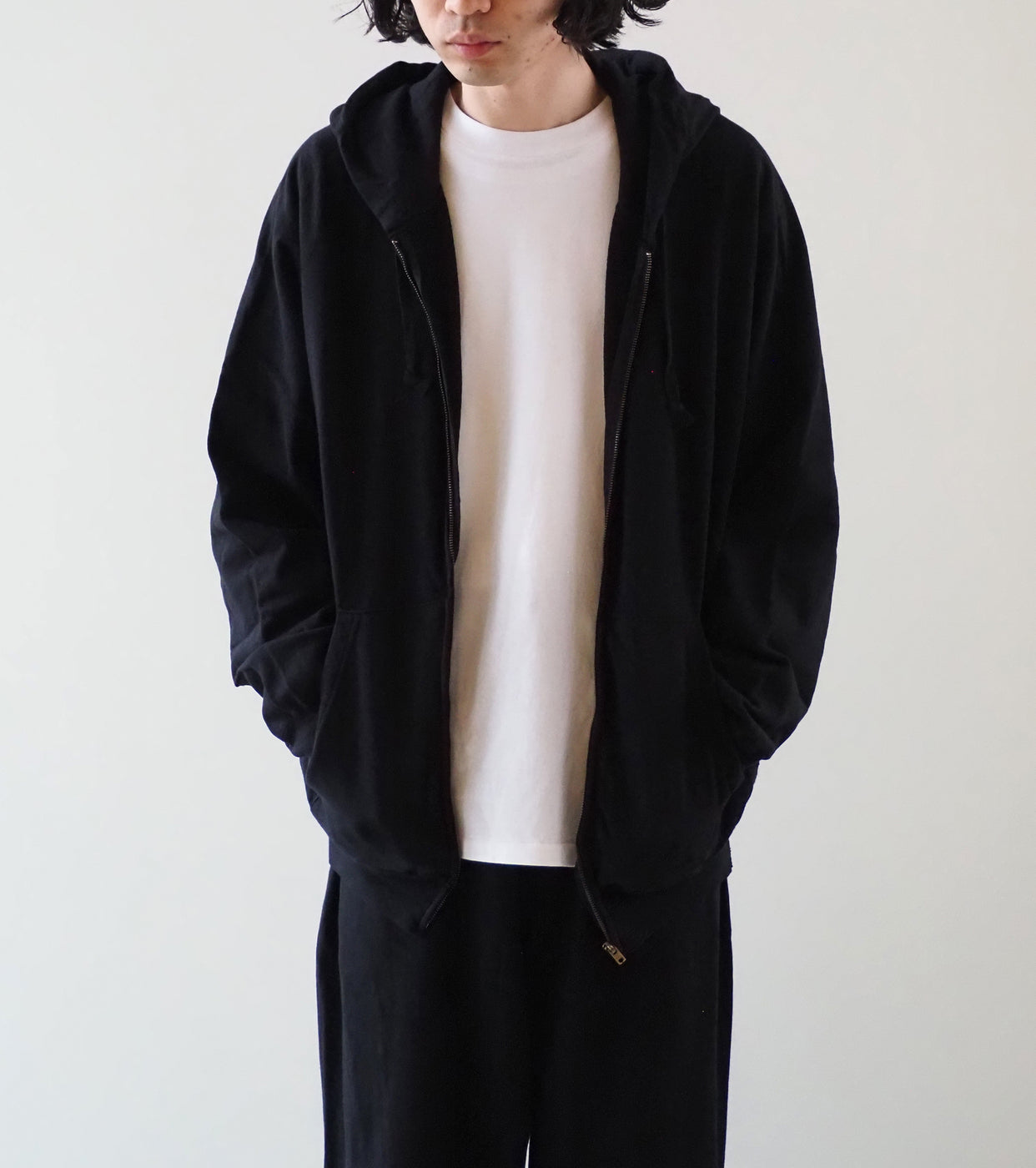 COMOLI Cotton Loopback Zip Hoodie, Black