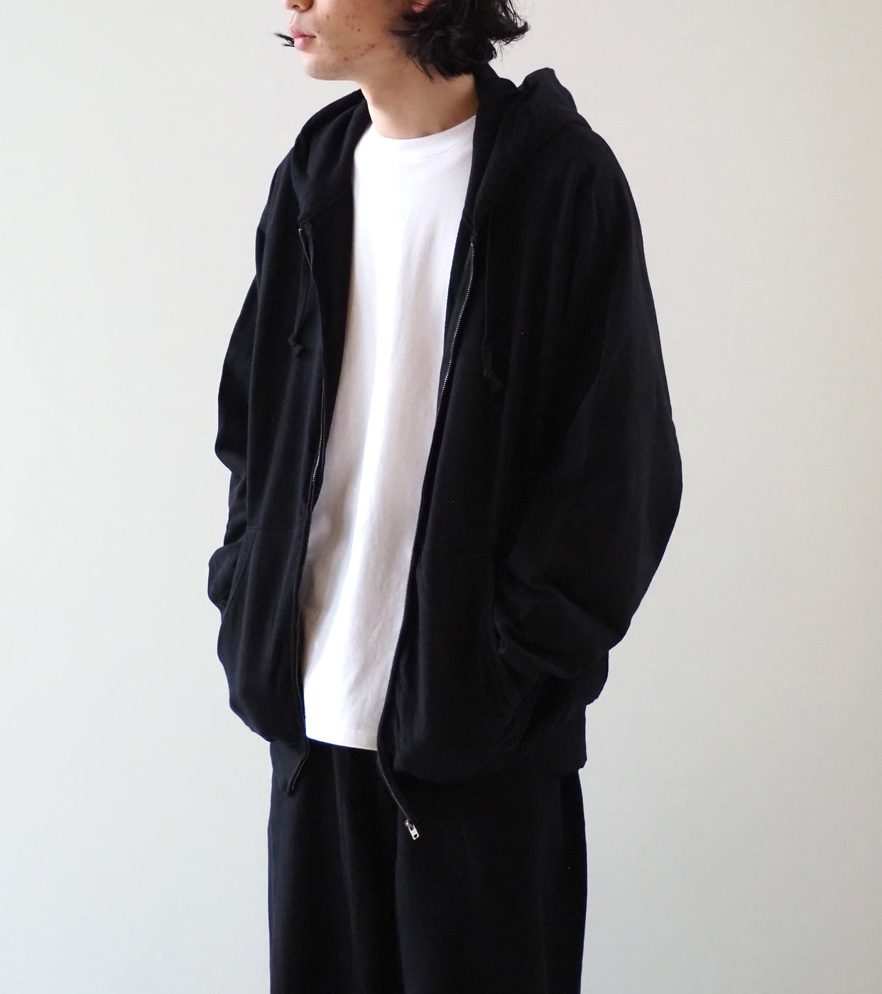 COMOLI Cotton Loopback Zip Hoodie, Black