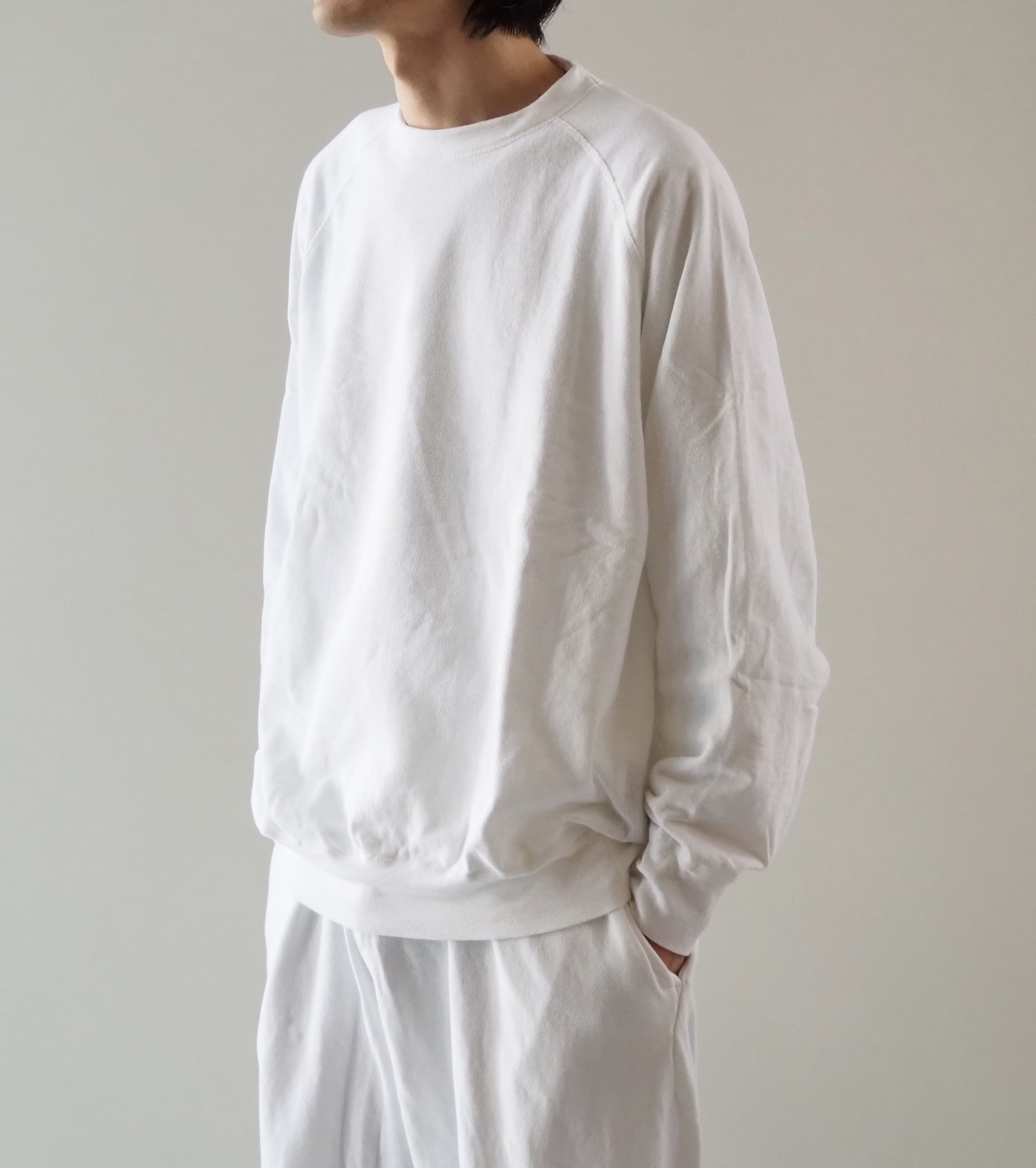 COMOLI LW コットン裏毛 クルーネック, White – Navyblue